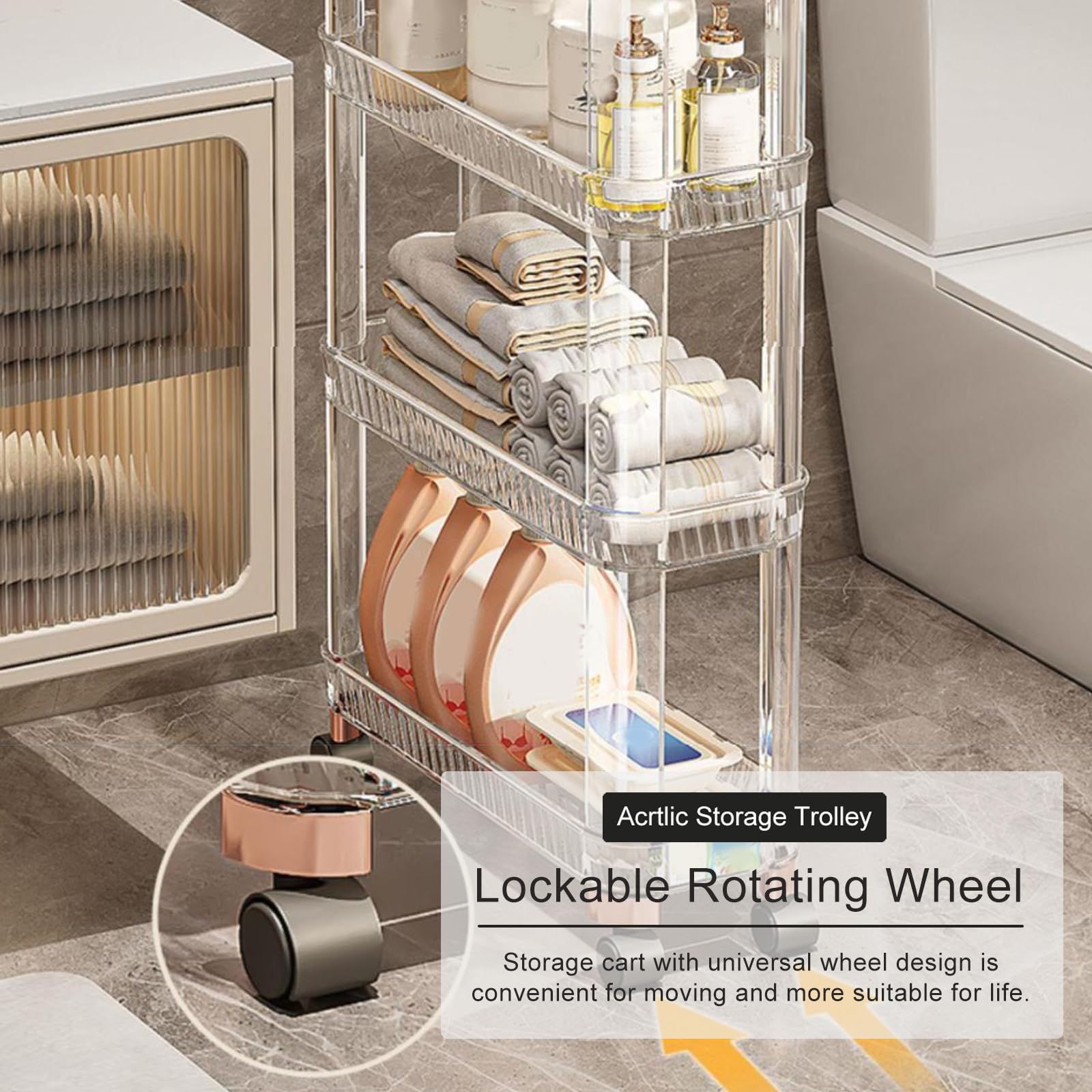 Carrito Multifuncional de acrílico con Ruedas, Carrito utilitario Delgado de 3 Niveles con Ruedas bloqueables para baño, Cocina y lavandería - Solución de Almacenamiento ecológica