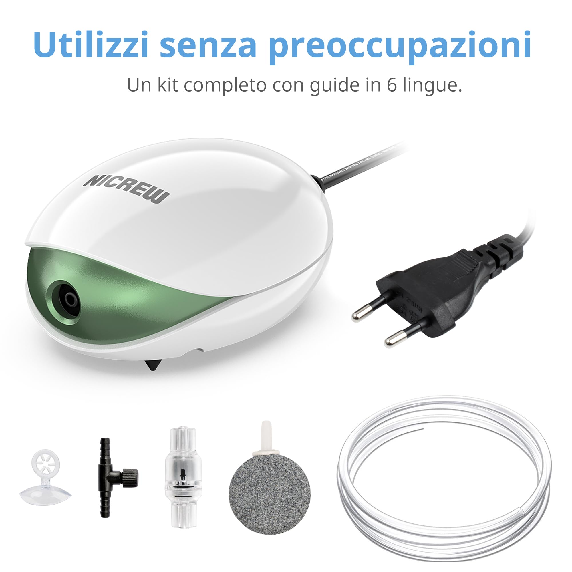 NICREW Ossigenatore per Acquario Ultra Silenzioso fino a 150 L con Flusso Regolabile, Pompa d'Aria per Acquario <35 dB Dotata di Tubo dell'Aria, Pietra e Valvola di Non Ritorno