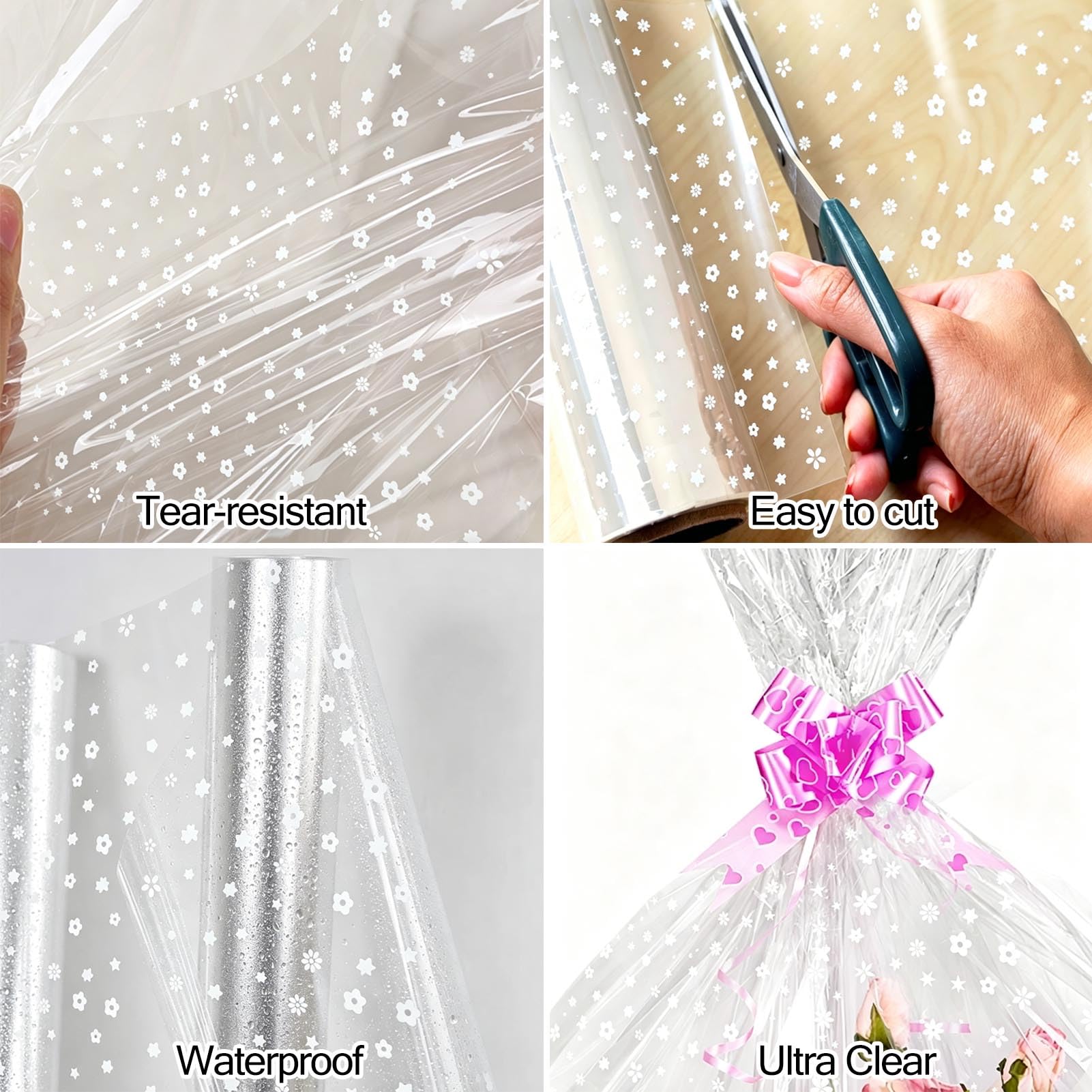 RYIRXI Rollo Papel de Regalo Celofan Transparente con Flores Estrellas Dibujos, Papel Envolver Celofán Regalo Cumpleaños Boda Navidad Envolver Regalos Personalizado