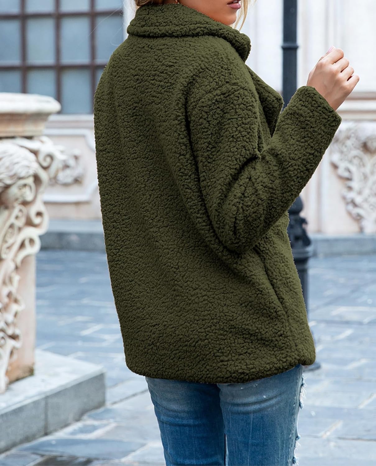 Women's Winter Warm Plush Cardigan Fuzzy Fleece Lapel Jacket with Buttons Pockets Long Sleeve Casual Outerwear - Image 6