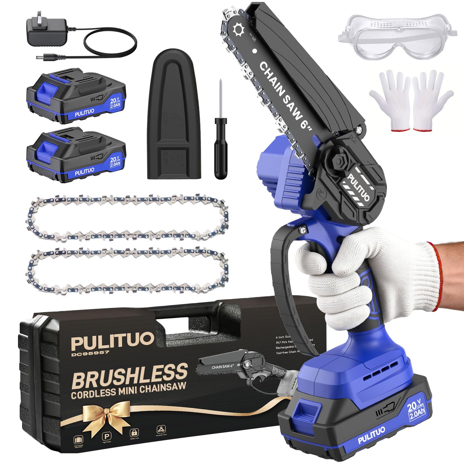 PULITUO Mini Motosierra de Batería 6 Pulgadas / 15 cm con 2 x 2000mAh Baterías, Sierra Eléctrica sin Cable sin Escobillas con Maletín y 2 Cadenas, Minimotosierra para Poda, Jardín y Corte de Madera