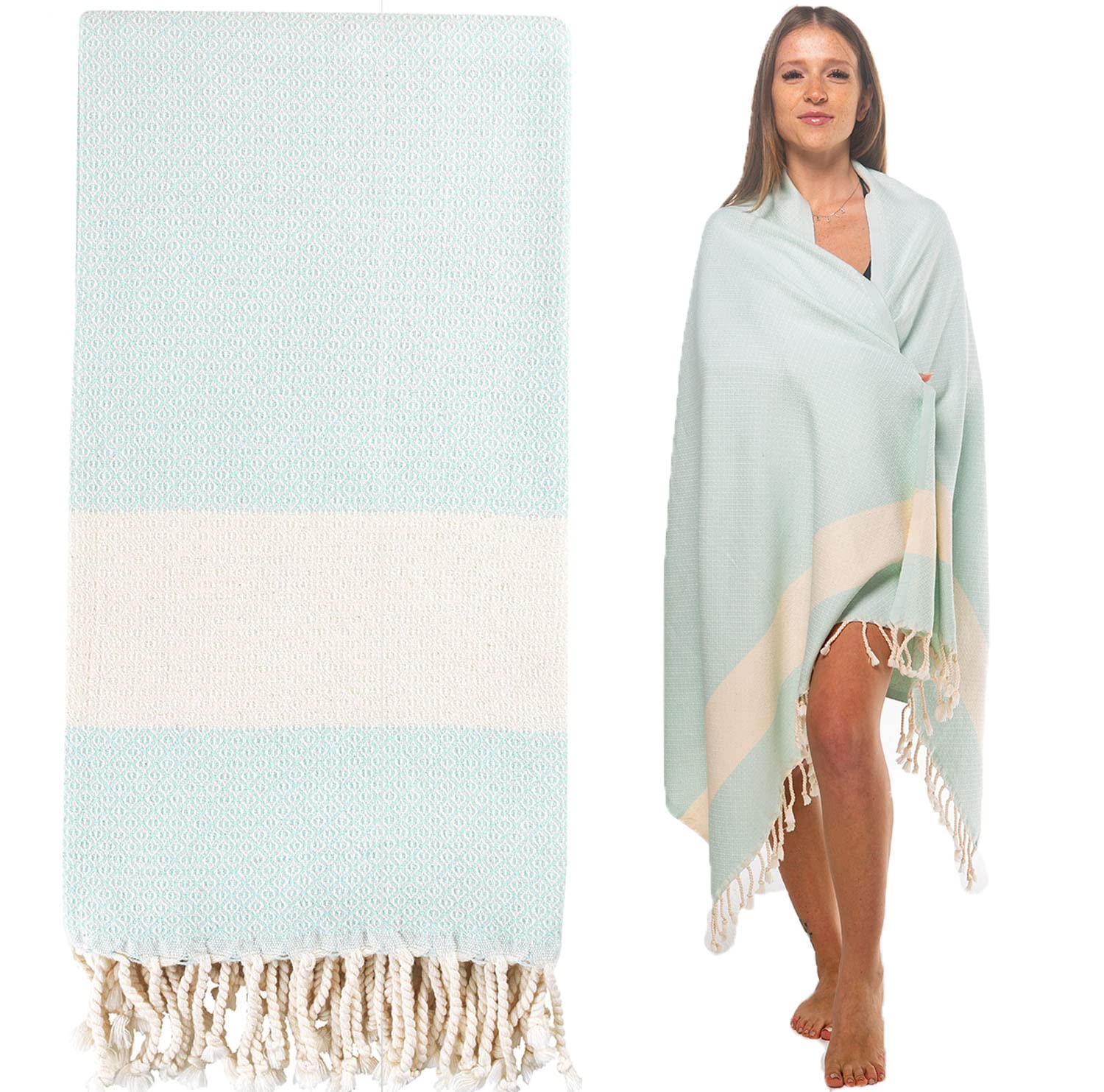 Die Caprie Turkish Towel 100% Cotton Peshtemal Bath Towel Thin Lightweight Travel Camping Bath Sauna Beach Gym Pool Blanket Gift Quick Dry Towels (BeachTowel, Aqua)