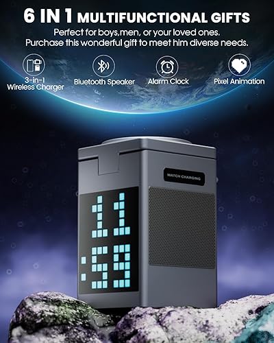 Miniatura 2 de Vivilumens Cargador inalámbrico 3 en 1, altavoz Bluetooth, pantalla de animación de píxeles, reloj despertador digital para Apple Mag Safe iPhone 17