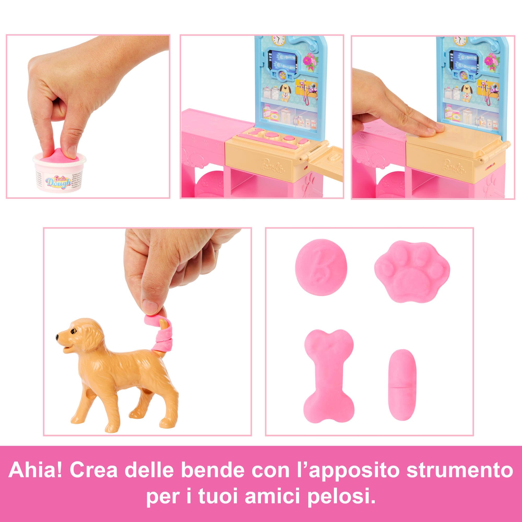 Barbie - Clinica Veterinaria di Pronto Soccorso, Set con Bambola dai Capelli Rosa, Arredamento, Pasta modellabile e 10 Accessori a Tema Inclusi, Giocattolo per Bambini, 4+ Anni, JFX93