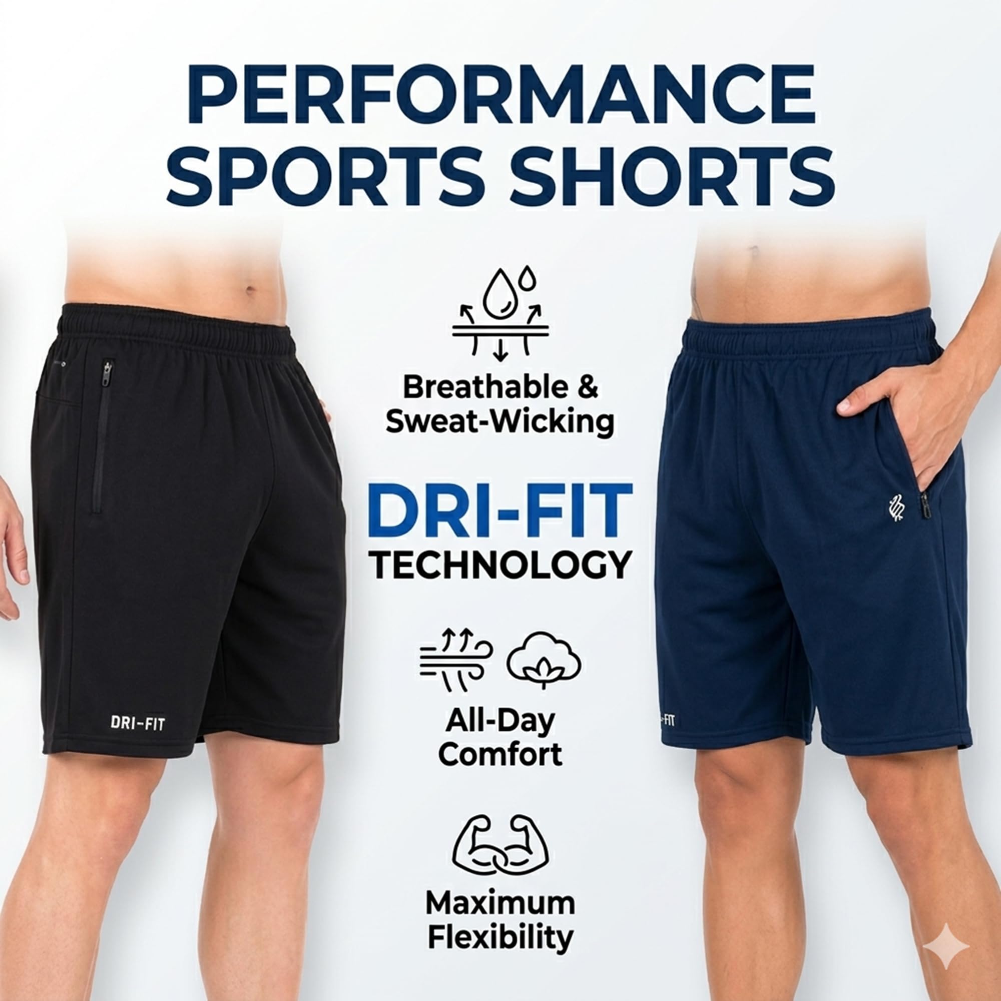 BLUE STAR SHARK Men's Athletic Combo Sports Shorts with Zip Pockets | Quick Dry Lightweight Gym and Running Shorts | Breathable Activewear Training Half Pant for Workout Jogging, Blue and AF, XL 2