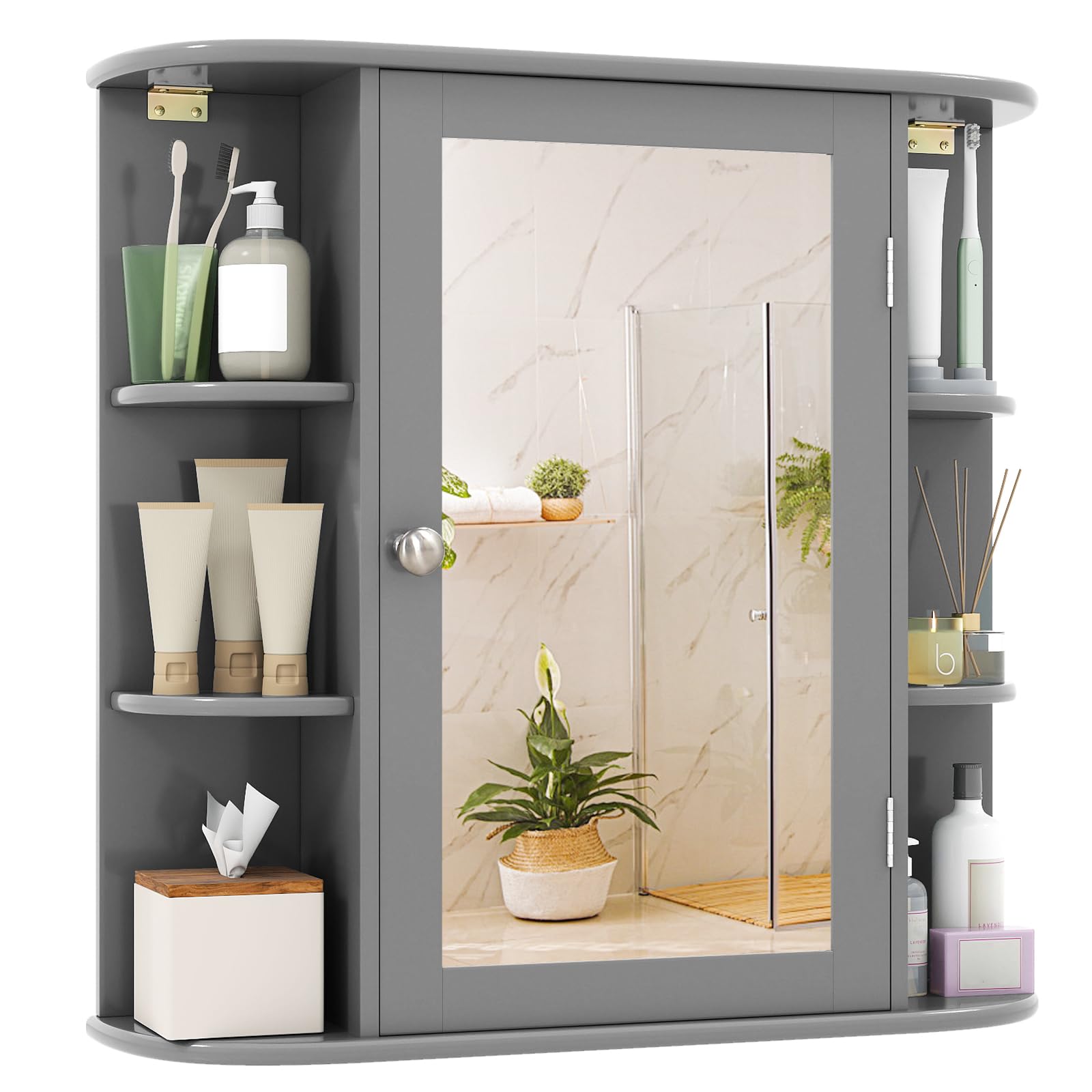 Tangkula Bathroom Wall Cabinet with Mirror, Modern Medicine Cabinet with Mirrored Door, 4 Internal Shelves & 6 Side Open Shelves, Wall Mounted Space-Saving Storage Organizer