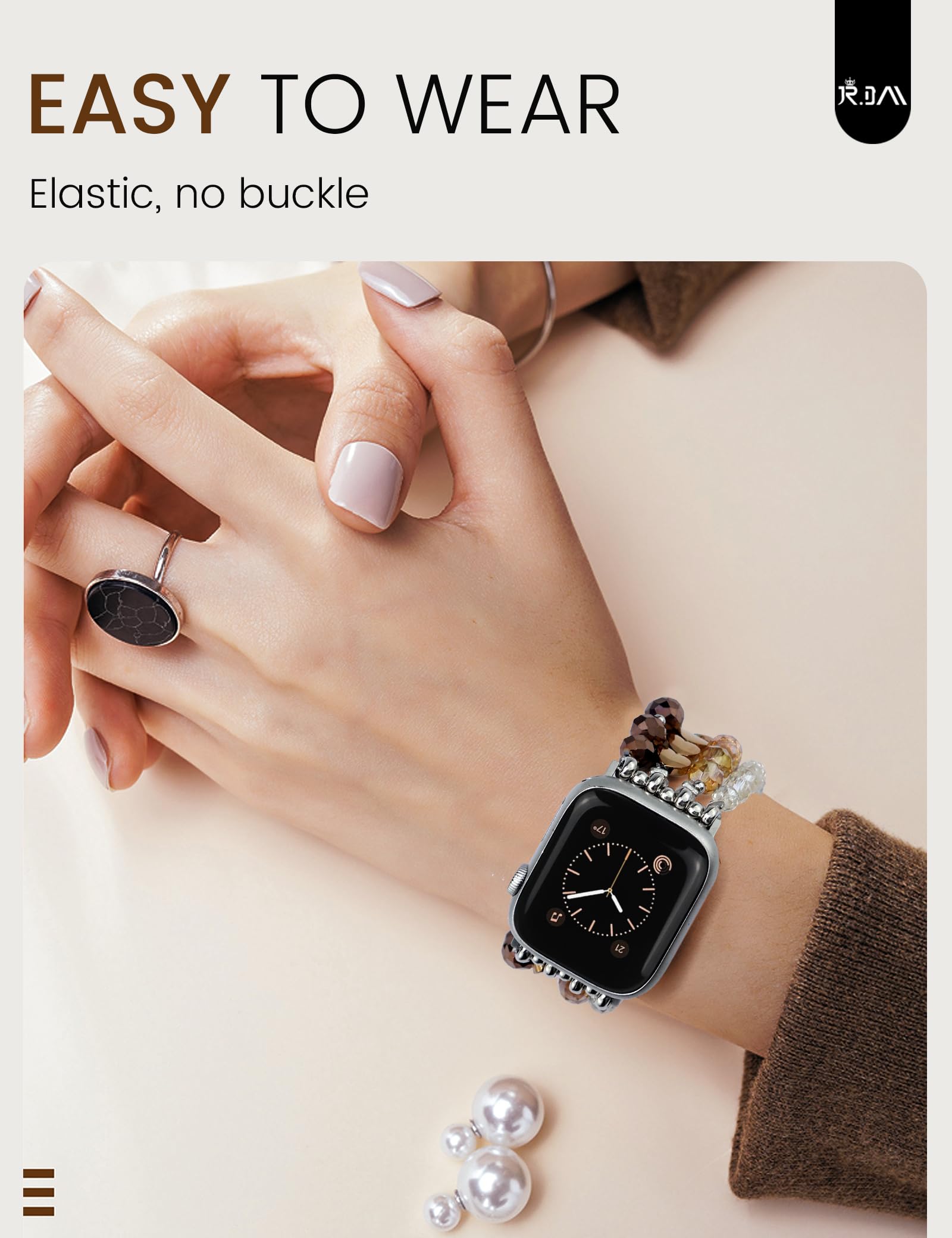 JR.DM Bracelet à perles compatible avec Apple Watch 44 mm, 42 mm, 45 mm, Series 9/8/7/SE/6/5/4/3/2/1, bracelet de rechange extensible fait à la main pour femmes et filles (café)