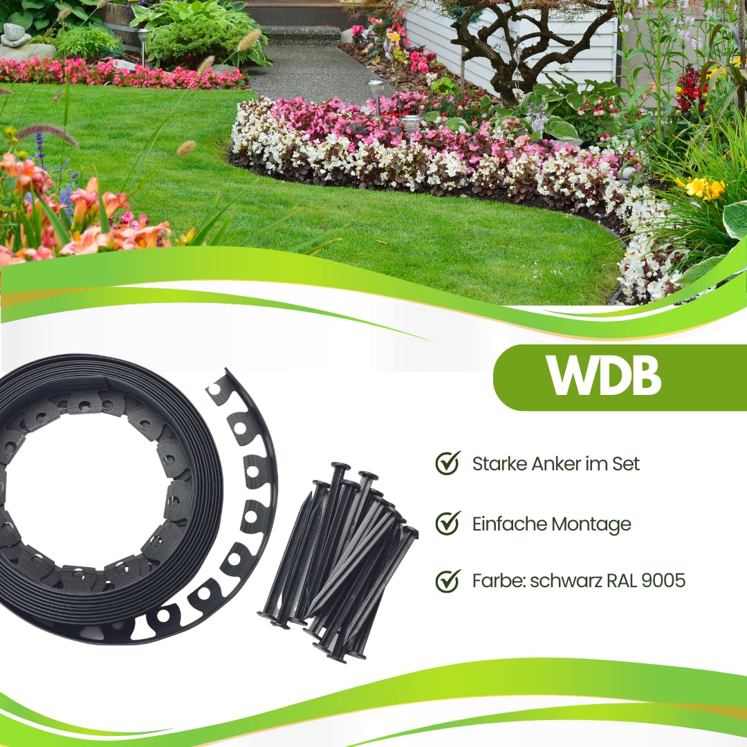 WDB Flexible Rasenkante aus Kunststoff - 10m Lang 4cm Hoch - mit 20 Befestigungsnägel - Schwarz - RAL 9005