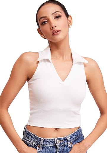 BERRY BIRD® Stylish Sleeveless V-Neck Slim Fit Collar Ribbed Knit Tank Crop Tops for Women &amp; Girls Beach and Gym Wear and ...
