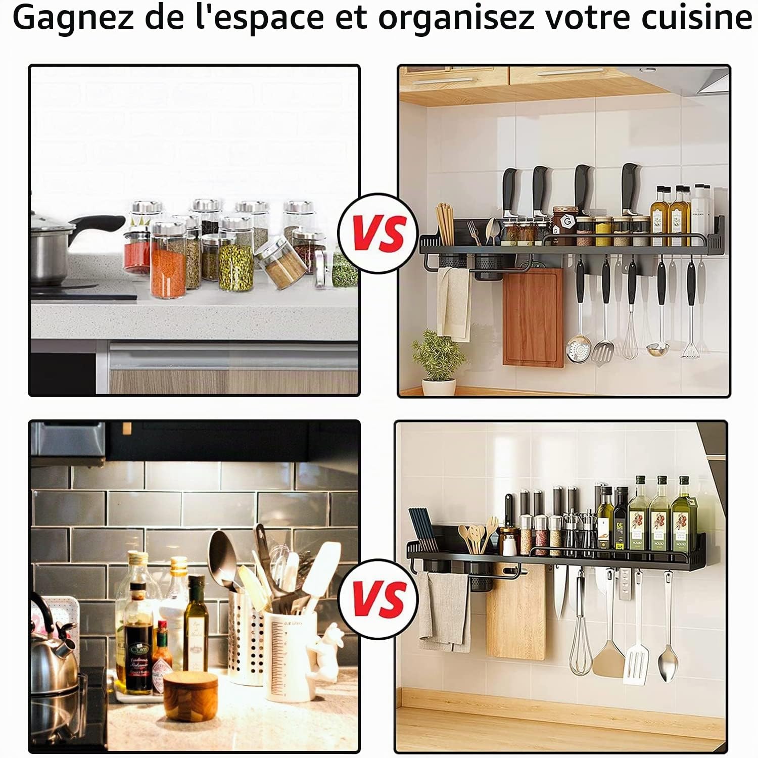 Étagère murale à épices - Étagère murale de cuisine - 8 crochets - Étagère de cuisine - Organisateur de couverts - Multifonction - Convient pour les cuisines, les restaurants et les bars