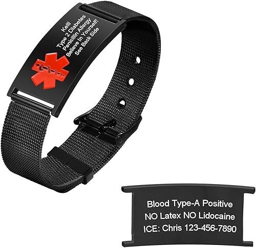 Pulseras personalizadas de alerta médica para hombres, mujeres y niños, grabado gratuito, malla de acero inoxidable ajustable, pulsera de
