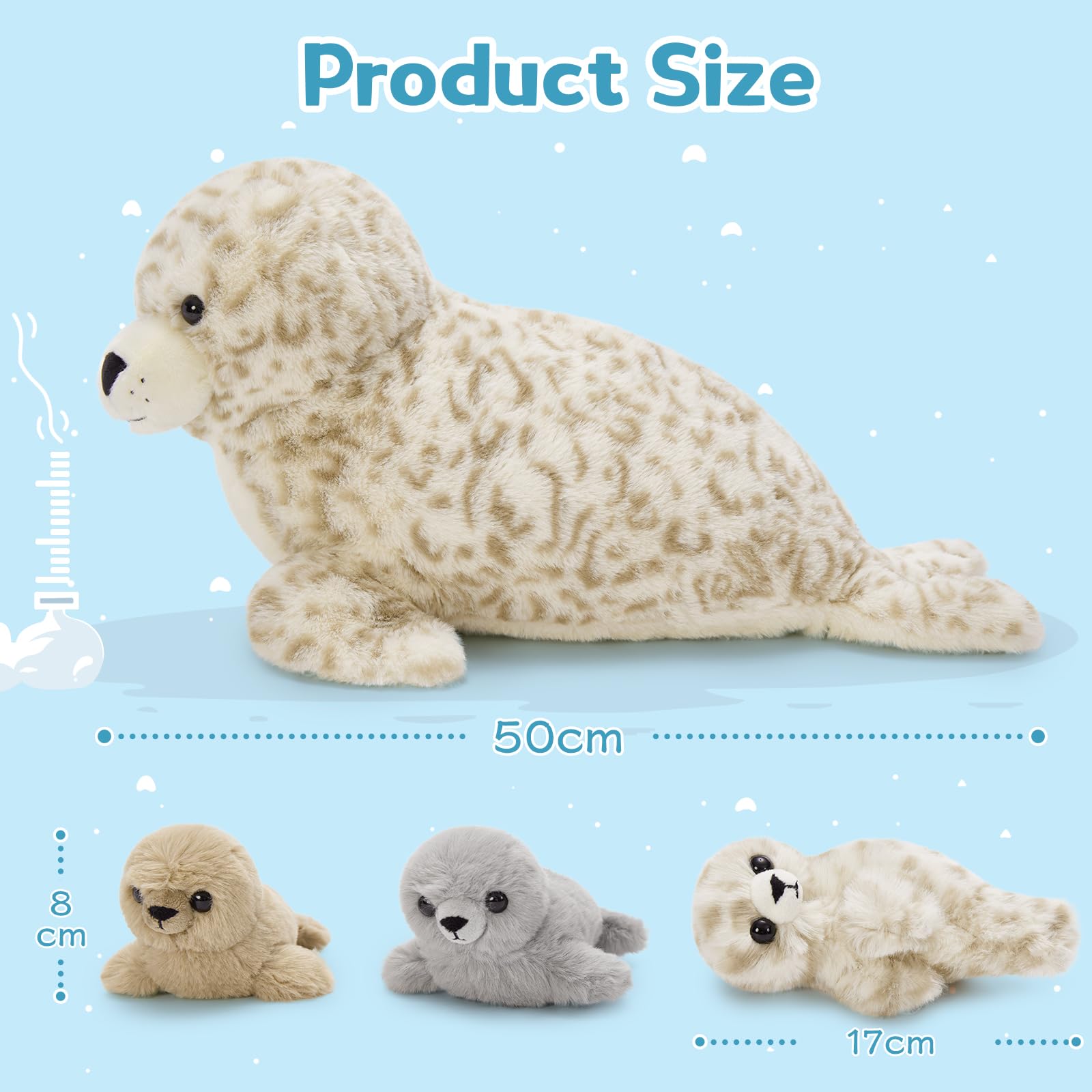 MorisMos Peluche Foca Grande, 50cm Mamá con 3 Bebés; Peluche de Foca Mullido y Suave; Regalo Gigante y Mullido para Niños, para Cumpleaños, Navidad