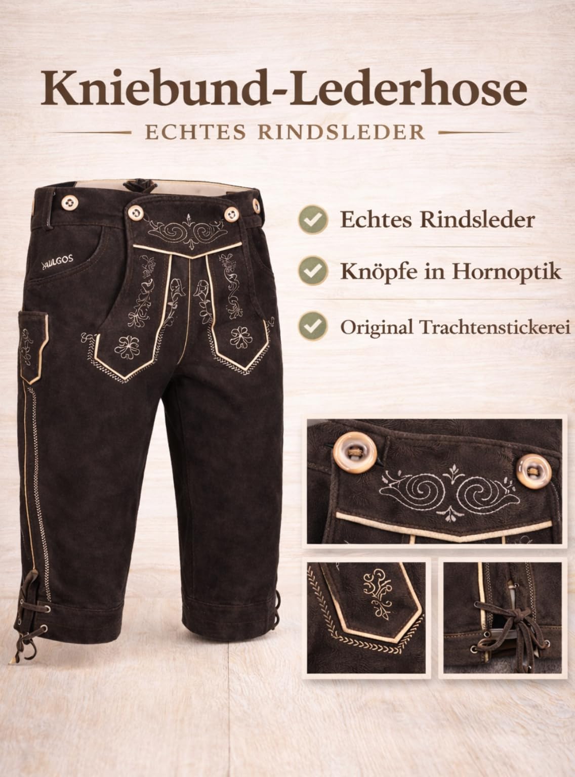 PAULGOS Herren Trachten Lederhose + Träger, Echtes Leder, Kniebund Übergröße in 4 Farben Gr. 44-72