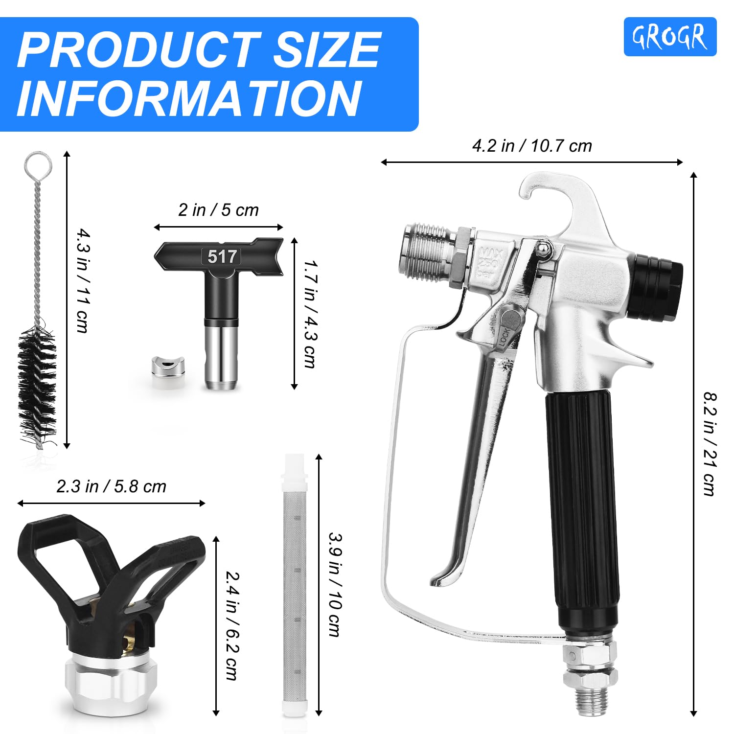 GROGR 4000 PSI Airless Paint Sprayer Gun Kit – Includes 5 Tips, 5 Filters, Tip Guard, And Storage Box – For Furniture, Ceilings, Fences