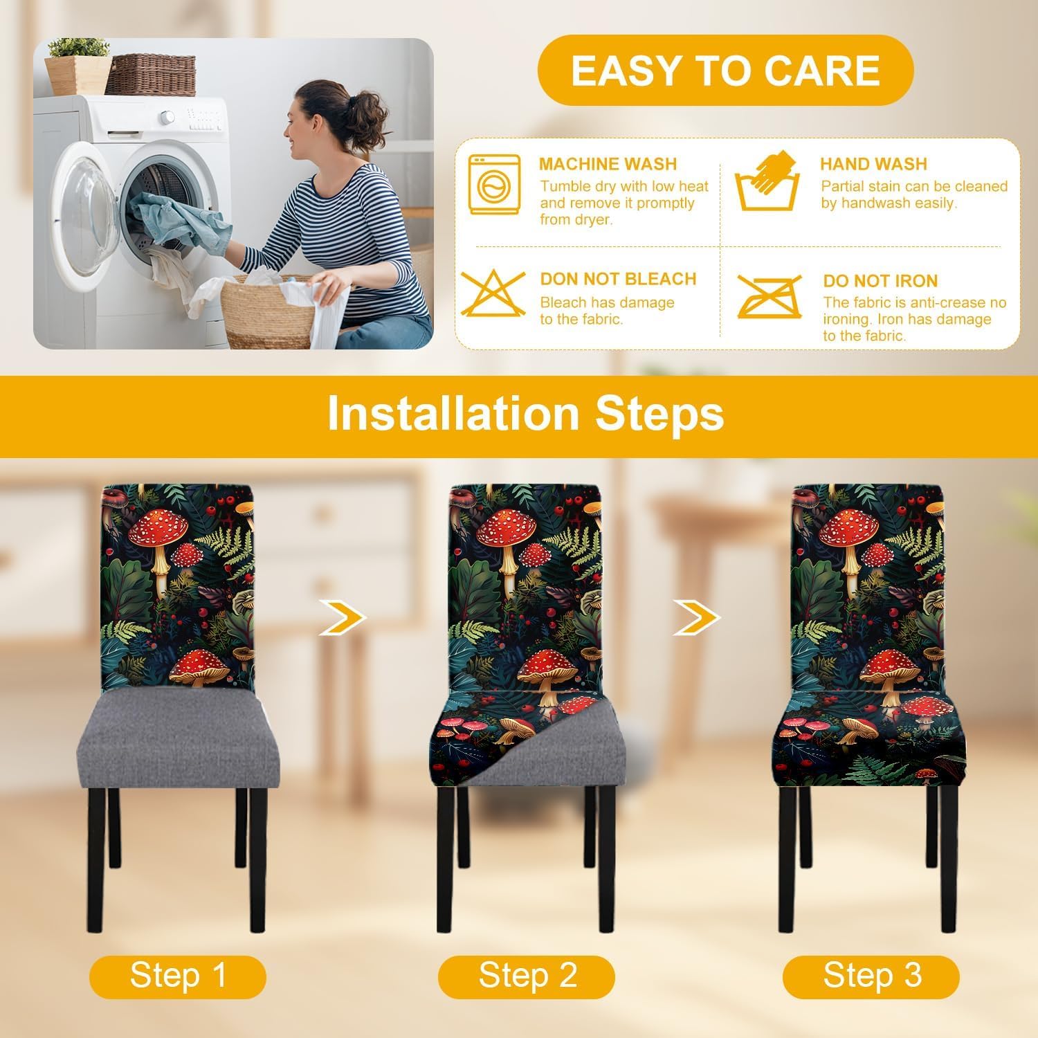 Mushroom Dining Chair Covers Set of 4, Stretch Spandex Chair Slipcovers with Fantasy Forest Toadstool Print, Removable Washable Seat Covers for Kitchen & Dining Room Decor