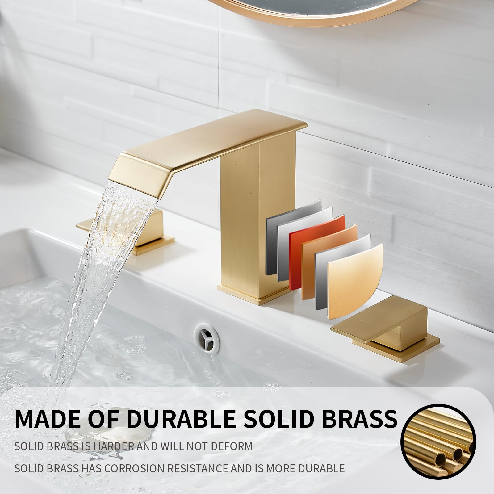 Rubinetto per bagno a 2 maniglie, 3 fori, cascata, oro spazzolato, rubinetti per bagno a fori larghi da 8-16 pollici, rubinetto per lavabo in ottone, mobiletto lavabo con piletta a scomparsa, 2 tubi