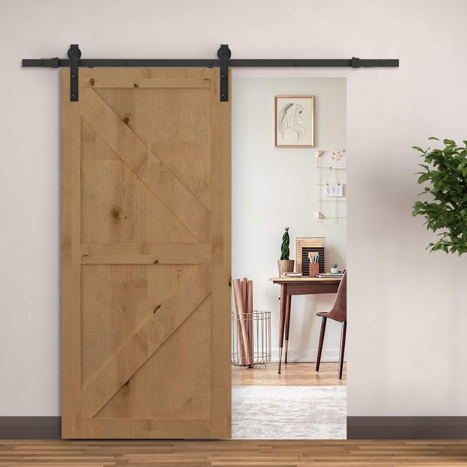 HOMCOM 200cm Binario per Porta Scorrevole Kit Accessori con Binario e Rulli Tappi in Stile Rustico Portata 90kg Acciaio al Carbone Nero