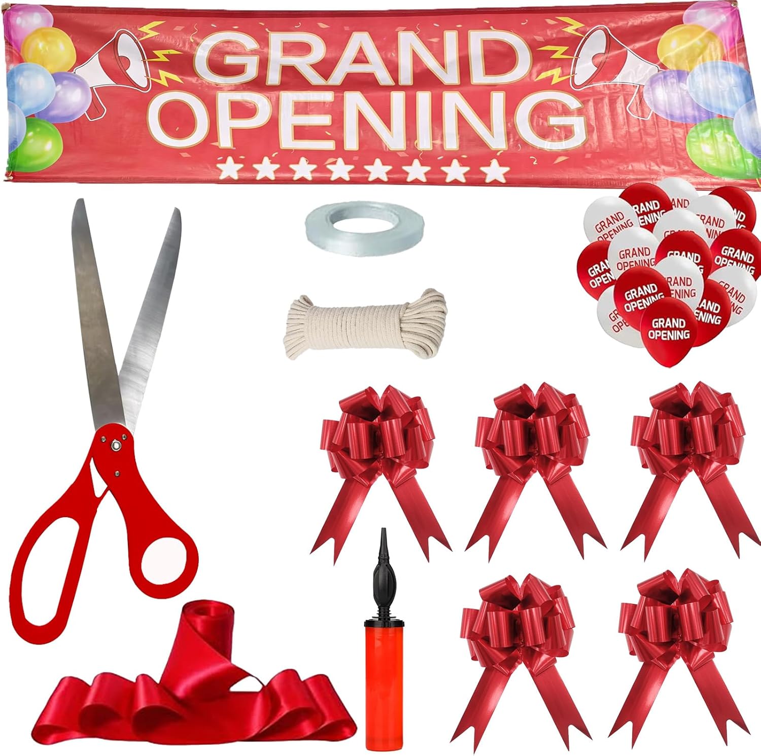 Grand Opening Ribbon Cutting Ceremony Kit,25"Giant Scissors,10ft Banner,16White Balloons Printing GRAND OPENING,5yd of 4" Wide Ribbon,32ft Banner Rope,1 Roll Balloon Ribbon,large bows balloon pump