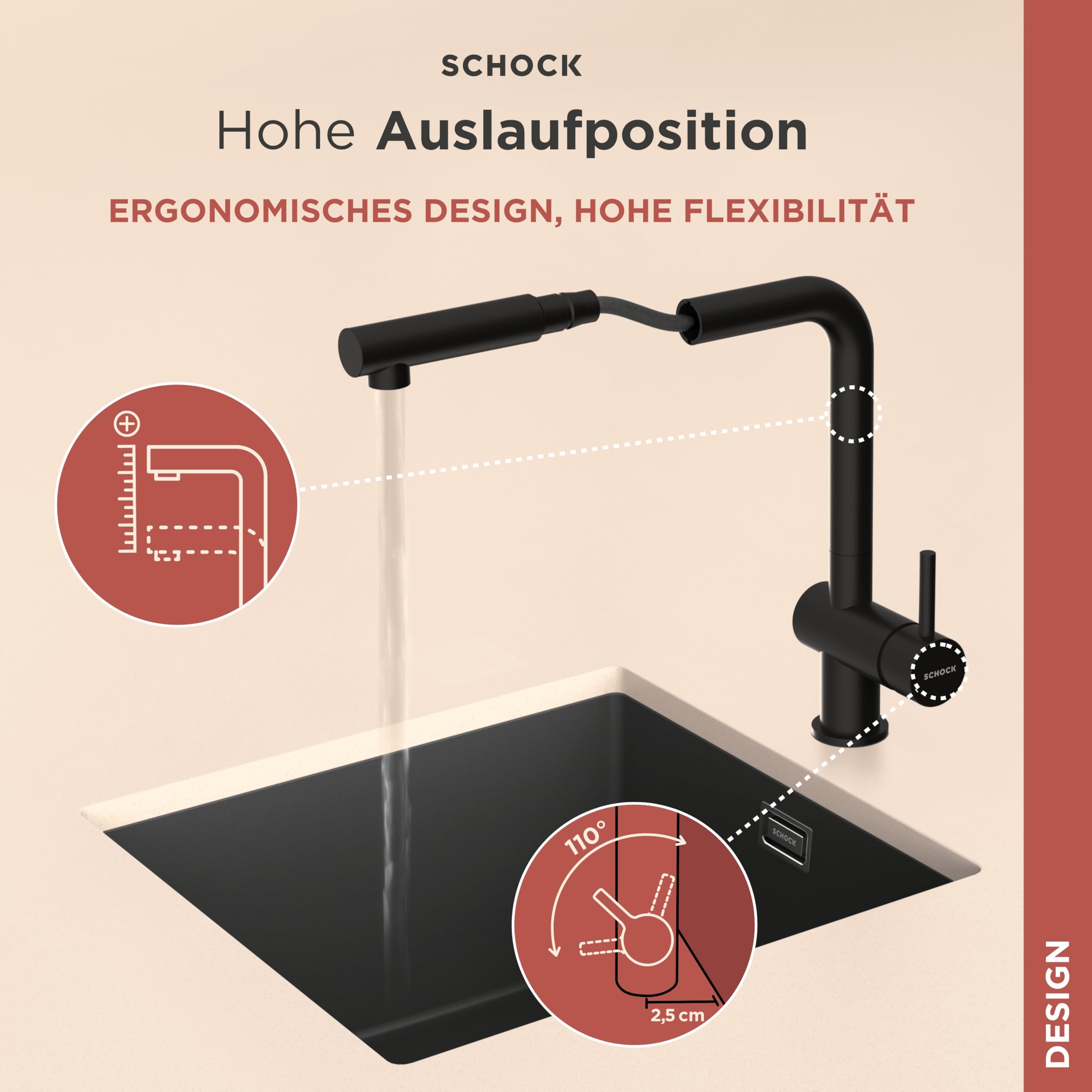 SCHOCK® Küchenarmatur Epos Bronze I braune Hochdruck Armatur mit ausziehbarer Schlauchbrause I 360° drehbar I Spültischarmatur mit Standard-Norm-Anschlüssen I modernes Design I Einhebelmischer