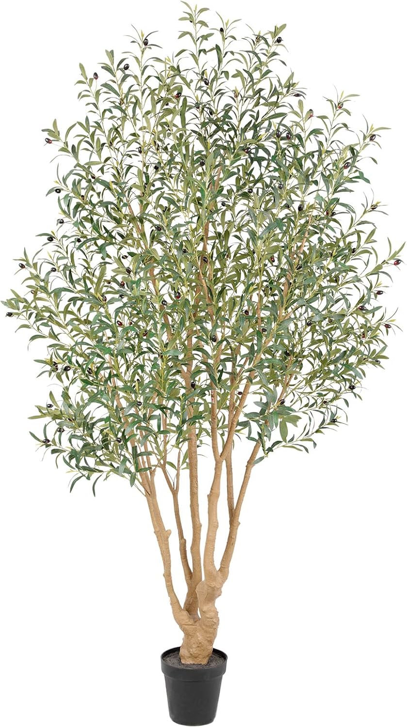 Majestic Faux Olive Tree 8ft – Artificial Olive Tree Indoor & Outdoor with Lifelike Leaves & Textured Branches for Living Room, Office, Entryway,Patio