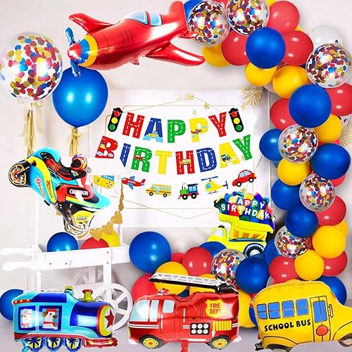 Miniatura 3 de MOVINPE adornos para cumpleaños de vehículos de transporte, para niños, pancarta de Happy birthday (feliz cumpleaños), autos, autobús escolar, tren,