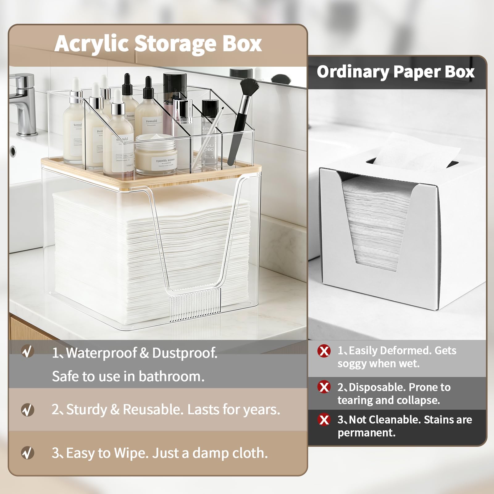 2 w 1 jednorazowy organizer na ręczniki i organizer na kosmetyki, przezroczysty z bambusową pokrywką, kompatybilny z ręcznikiem Clean Skin Club XL, organizer do układania w stos, na blat łazienkowy, 2