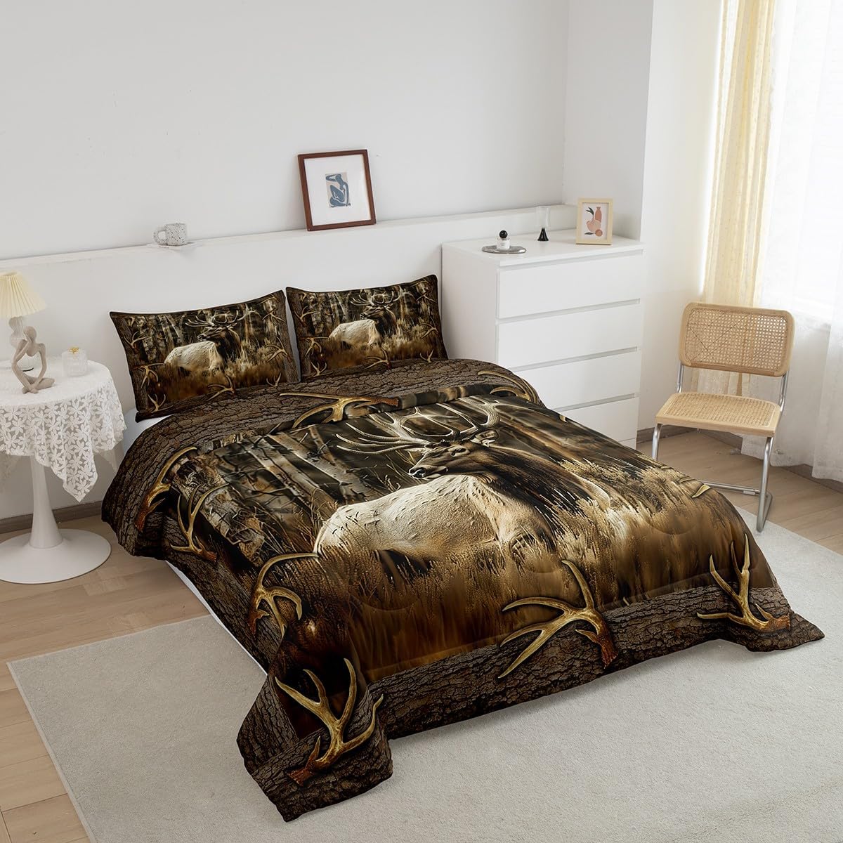 Erosebridal Rustic Deer Comforter Set for Cabin Lodge Vintage Elk Moose Antlers Bedding Set Queen Size Farmhouse Woodland Quilt Hunting Animal Duvet Insert with 2 Pillowcases Home Room Decor - Image 5