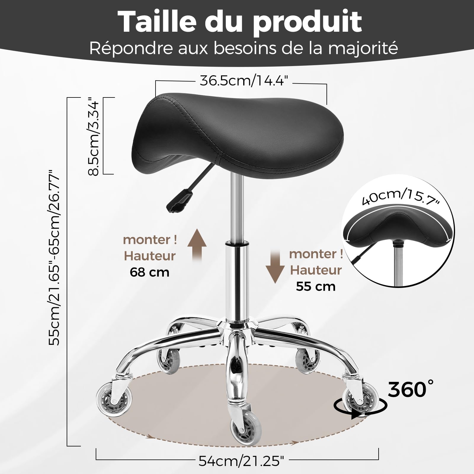 BEWISHOME Tabouret Selle de Cheval Ergonomique à Roulettes, Réglable Hauteur Hydraulique, Grand Coussin d'Assise Noir