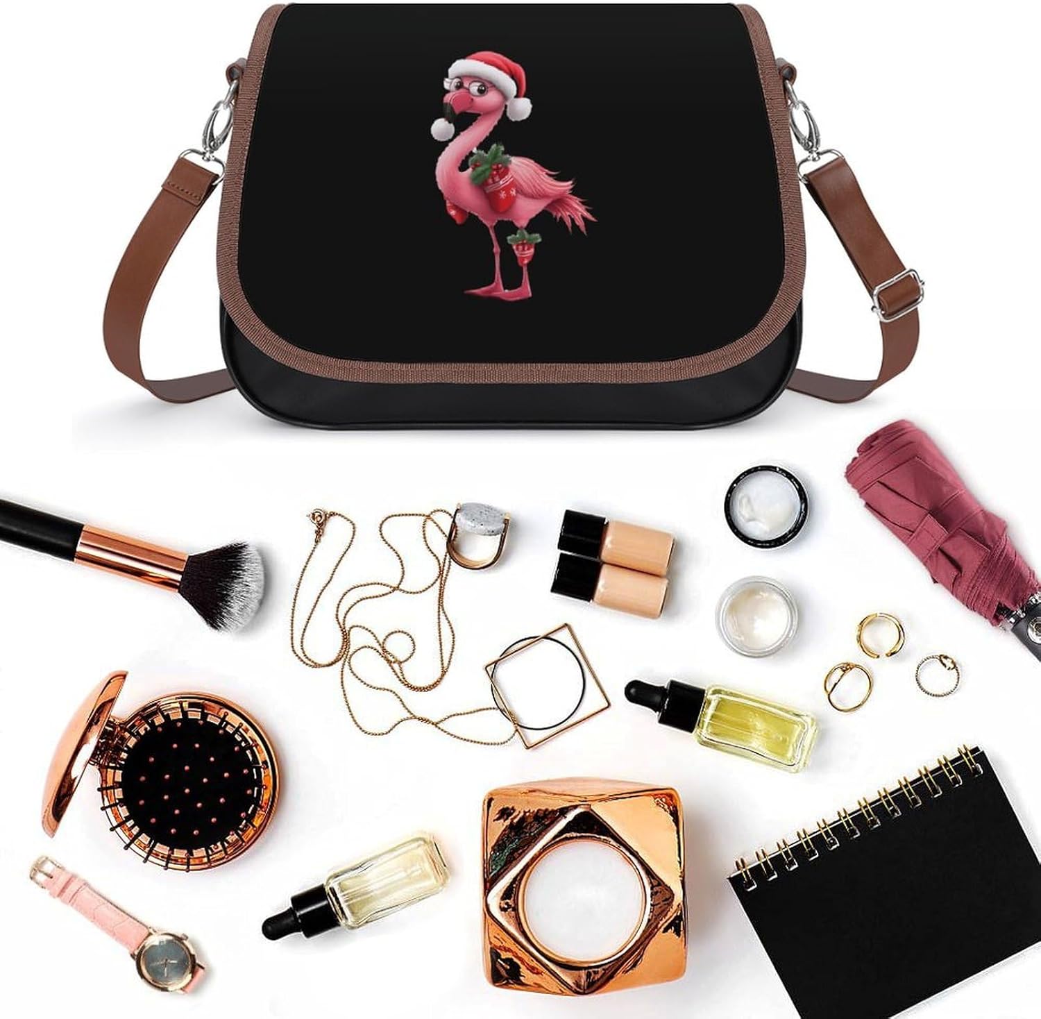 Christmas Flamingo Women's Shoulder Handbags Cute PU Leather Purse Crossbody Messenger Bags
