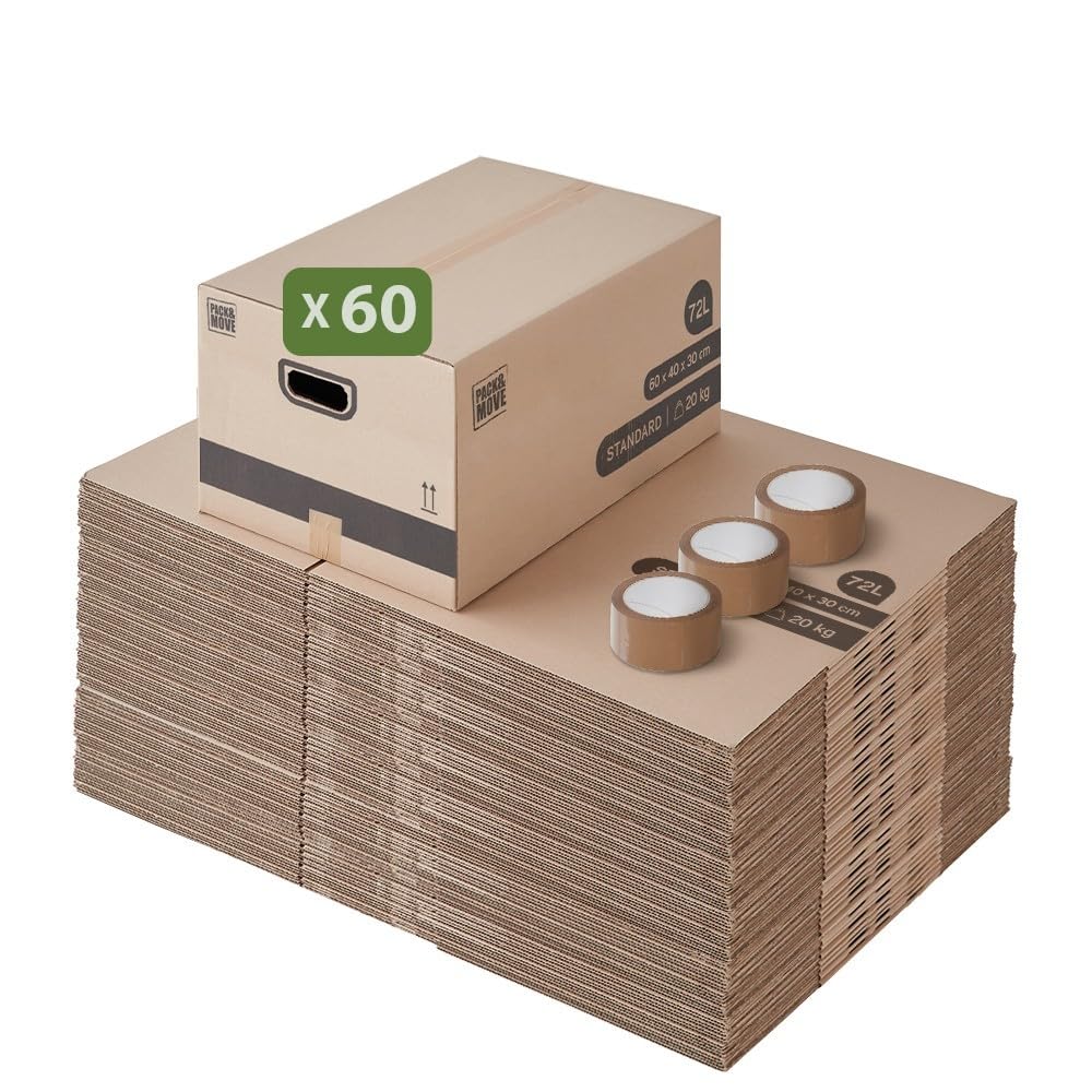 Pack de cajas de cartón para mudanza 72L - 60x40x30cm - certificados FSC 70% - Charge max 20KG - Pack and Move (60)