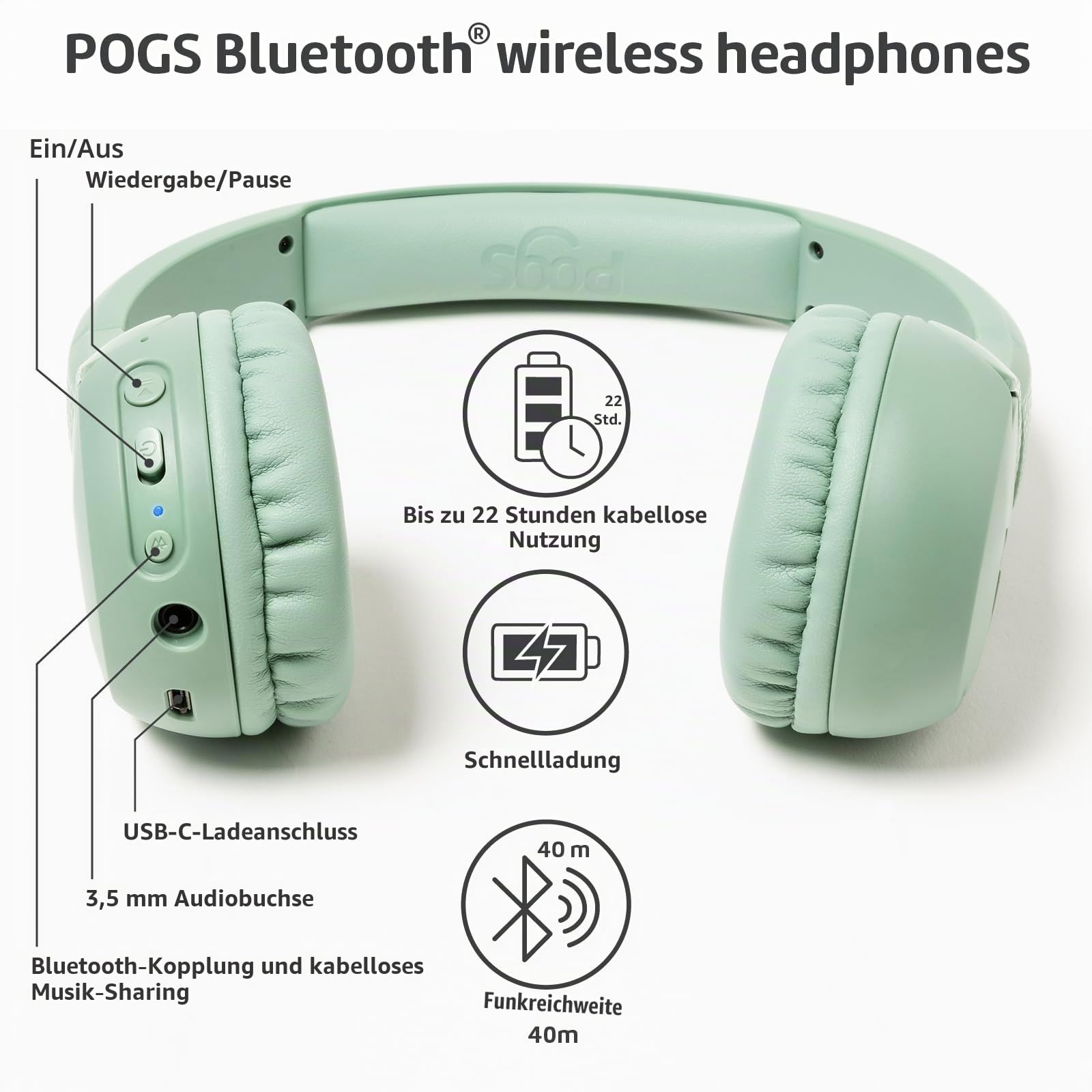 POGS Drahtloser Bluetooth Kinderkopfhörer | The Gecko 2 | Faltbarer robuster Kinderkopfhörer ab 3 Jahren | Lautstärkebegrenzung 70-85 dB | Mikrofon | On-Ear | Drahtlose Musik-Sharing-Funktion (rGrün)