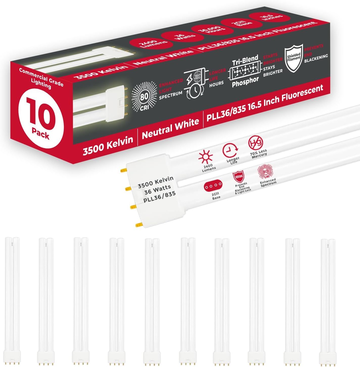 PLL36/835 36W 16.5" Twin Tube Compact Fluorescent Light Bulb 4-pin 2G11 Base 3500K Neutral White 2400 Lumen 36000 Hour Long Life Biax Pack of 10