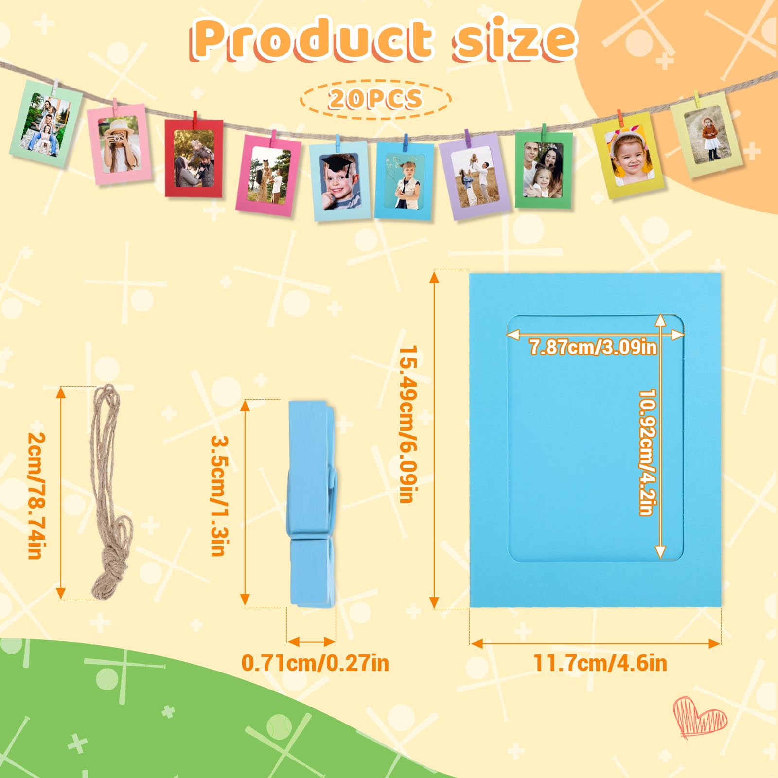 oruola 20 Paper Picture Frames,Hanging Colorful Paper Frames 4 X 6 in, Papers Photo Frame with 20 Colorful Mini Wooden Clips and 2 Ropes DIY Hanging,for Home, Office and Party Decoration