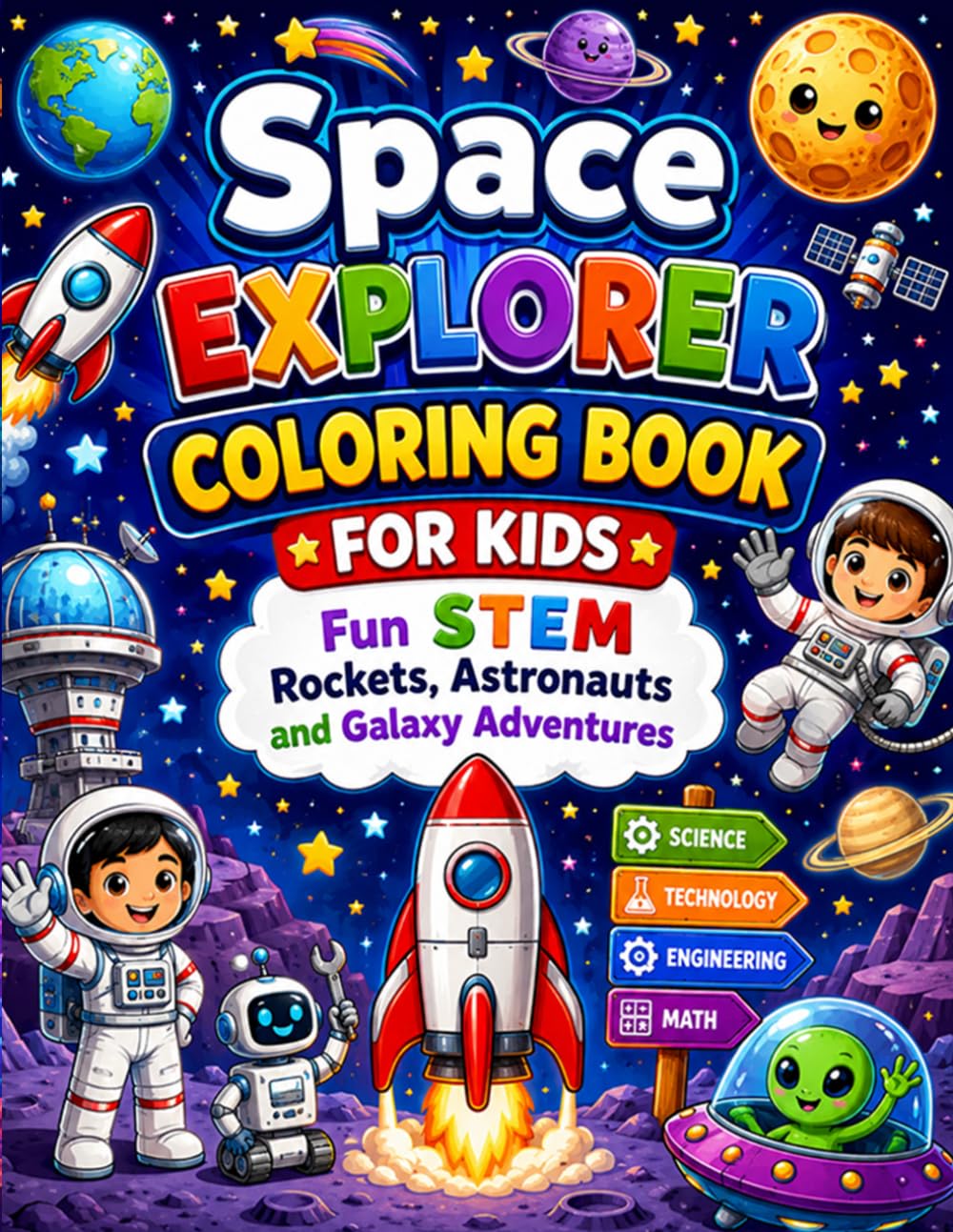 Space Explorer Coloring Book for Kids: Fun STEM Rockets, Astronauts and Galaxy Adventures: Amazing Outer Space Coloring Pages with Rockets Astronauts ... Planets and STEM Activities for Creative Kids