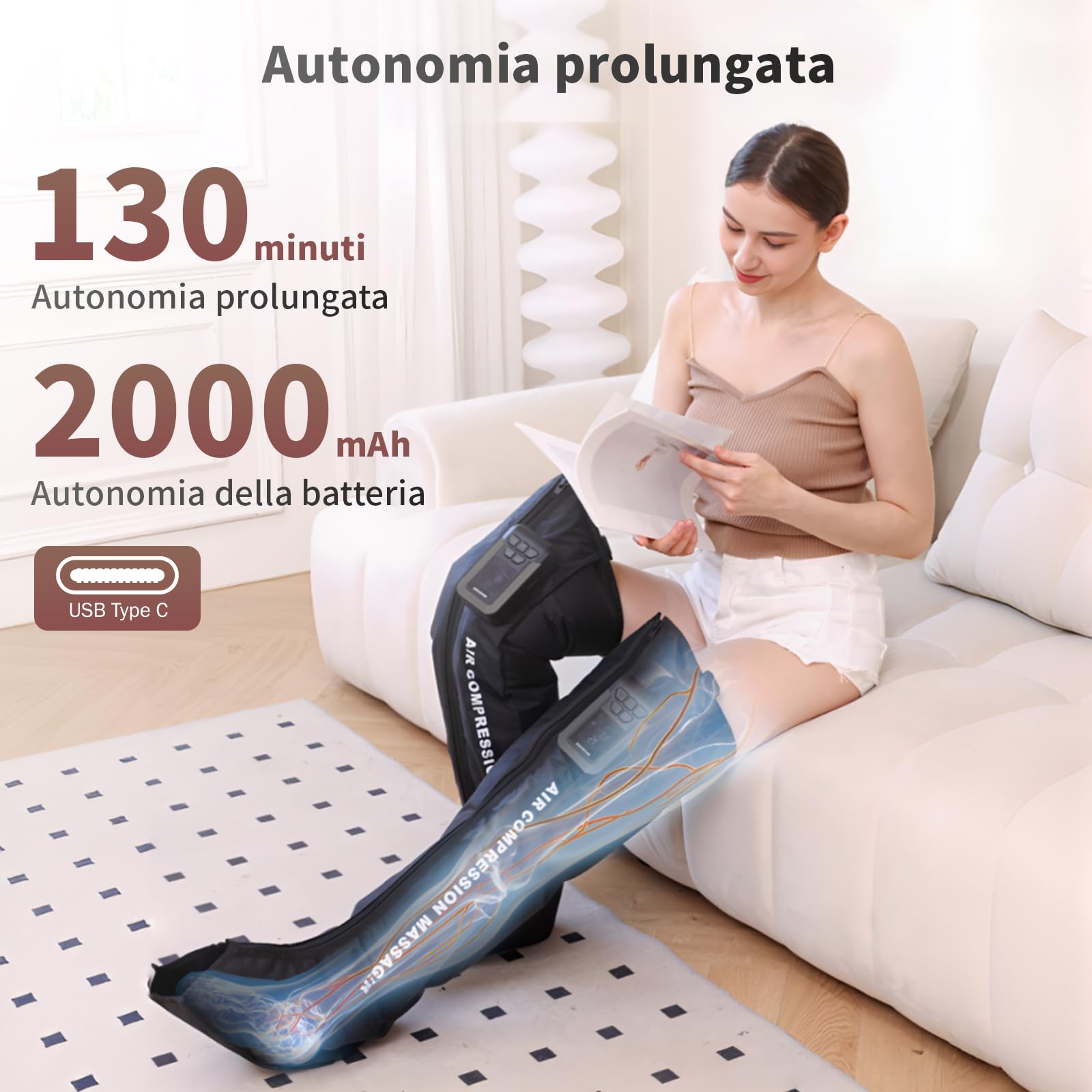 Stivale Compressione Senza Fili Gamba Singola – Massaggiatore Aria Batteria, Pressione 20-110 mmHg, 4 Programmi, Circolazione Sanguigna