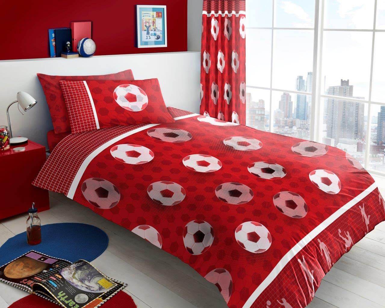 Fairwayuk Boys Red Football Duvet Cover Single - Kids Bedding With Matching Pillowcase, Reversible Printed Goal Soccer Quilt Covers, 137X200cm
