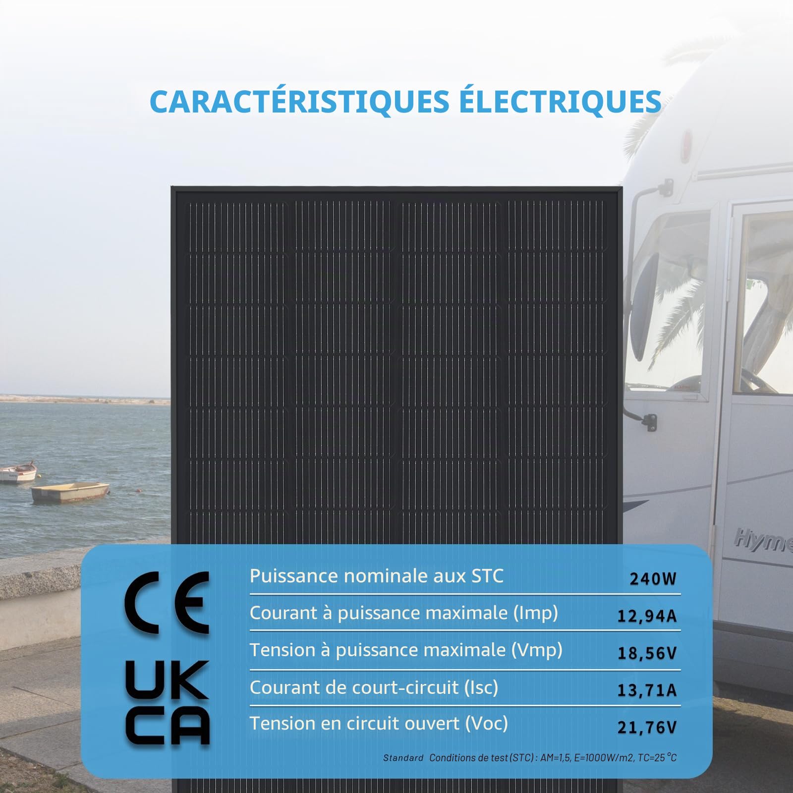 Panneau Solaire Monocristallin N-Type 240W 12V Noir – Module Solaire Haute Efficacité pour Camping-Car, Bateau, Balcon, Toit, Batteries 12V et Centrales Électriques Mobiles