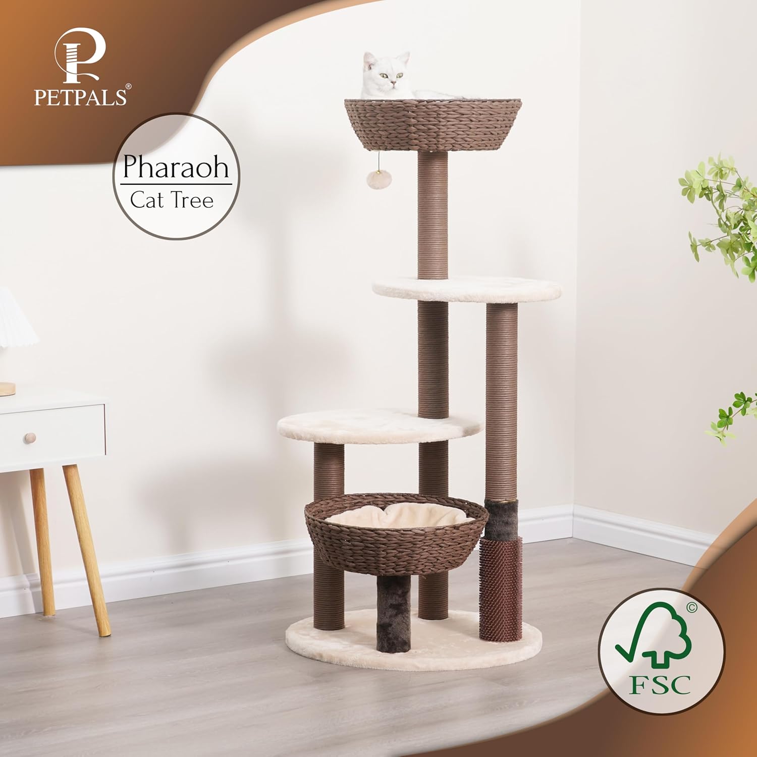 PetPals 49" High 5-Level Large Cat Tree with Replaceable Recycled Paper Rope Scratching Posts, Plush Cushions, Handwoven Basket and nest for Multi Cats, Brown and Beige
