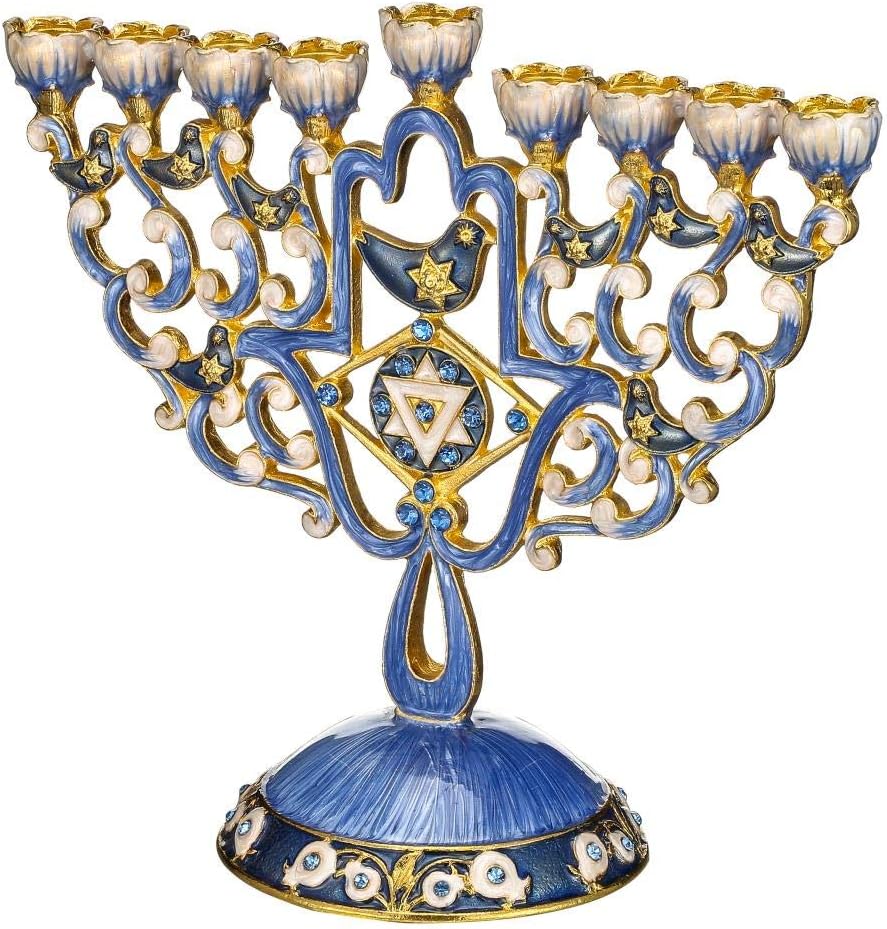Matashi Hand Painted Enamel Menorah Candelabra Embellished with Gold Accents and Crystals (Hamsa & Doves Design)