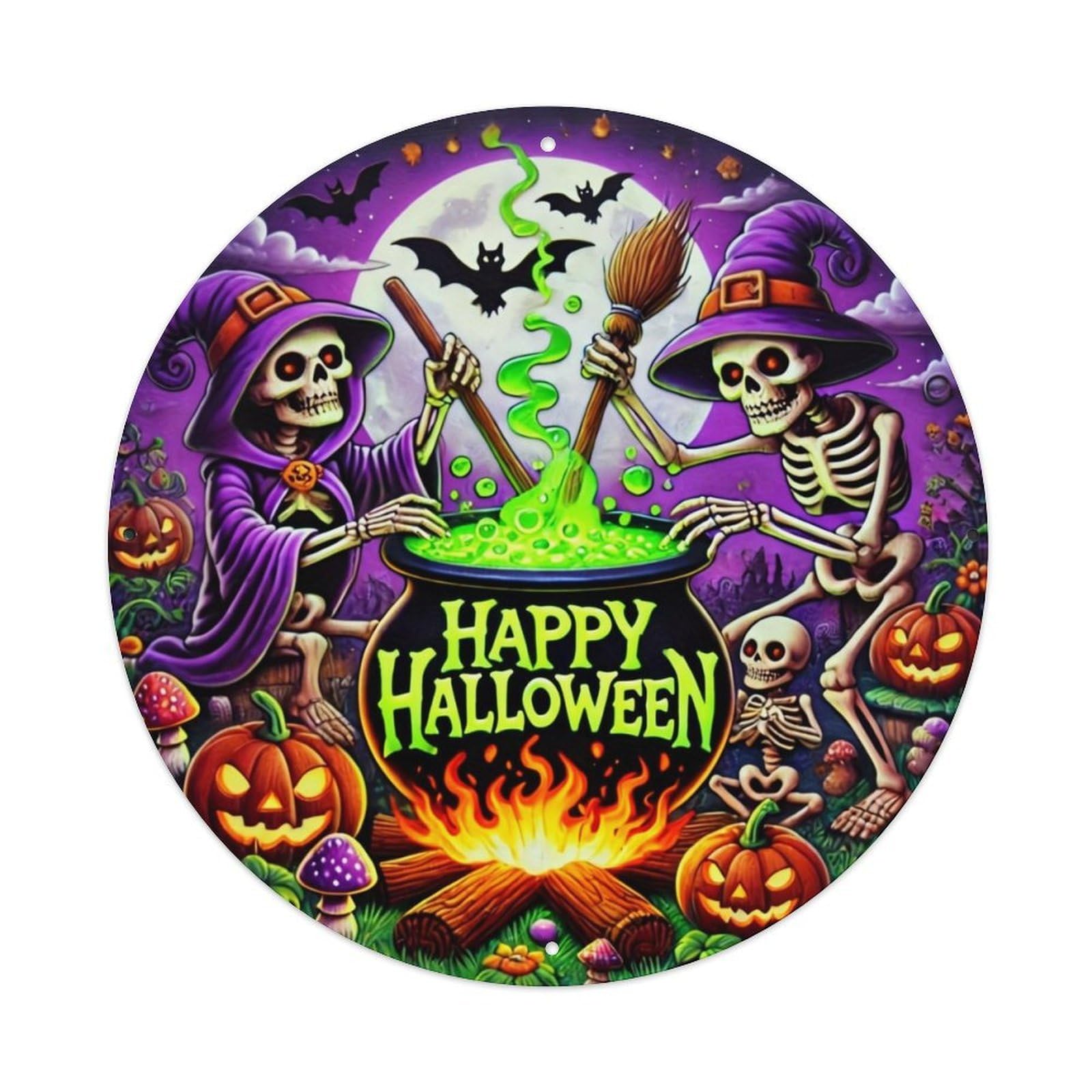 Jdyaojiesheng Vintage Halloween Skeletons Witch Cauldron Pumpkins Round Tin Sign Retro Metal Wall Decor Metal Poster, Home Bar Garage Farmhouse Cafe Wall Art Decoration 8X8inch
