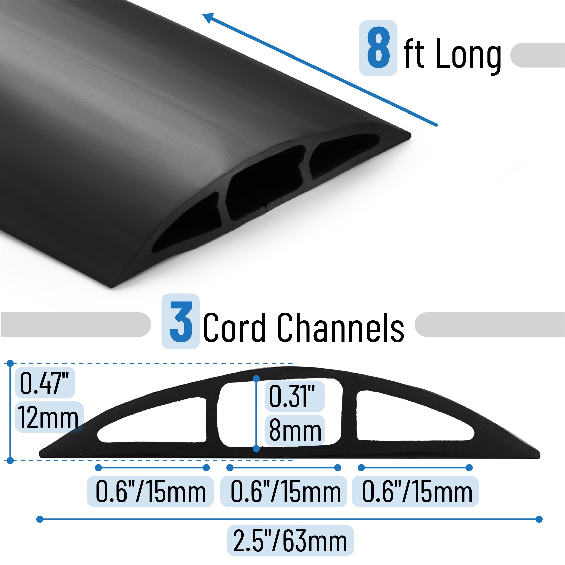 Bates- Cubierta de cable de suelo, cubierta de cable de 8 pies, negro, cubierta de cable de extensión, protector de cable, cubierta de cable de suelo, piso de cubierta de cable, cubierta de cable para