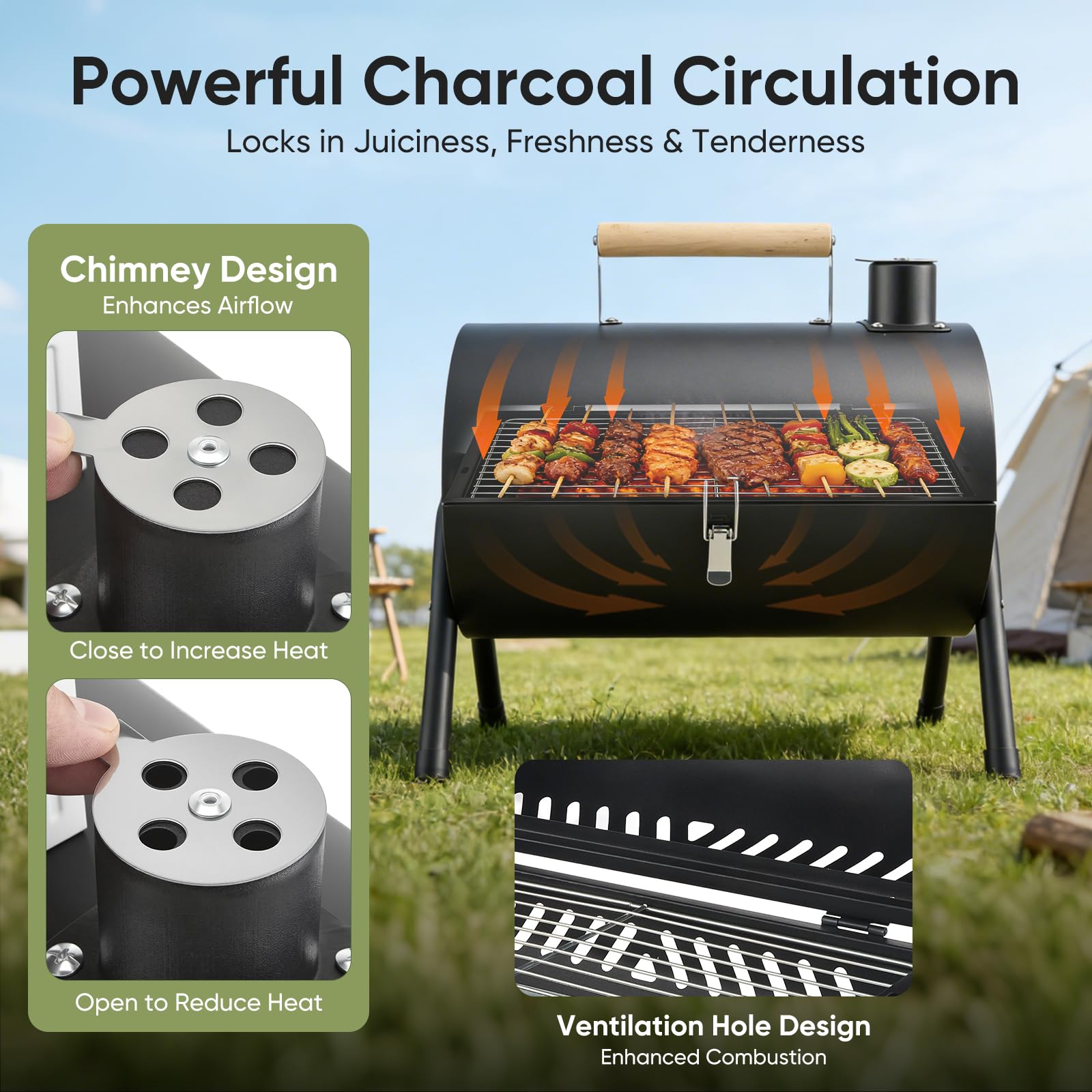 Barbecue portable de camping, barbecue tambour d'extérieur, idéal pour la plage, le camping-car, le jardin et les fêtes. Noir, avec 1 plateau de cuisson et 2 grilles