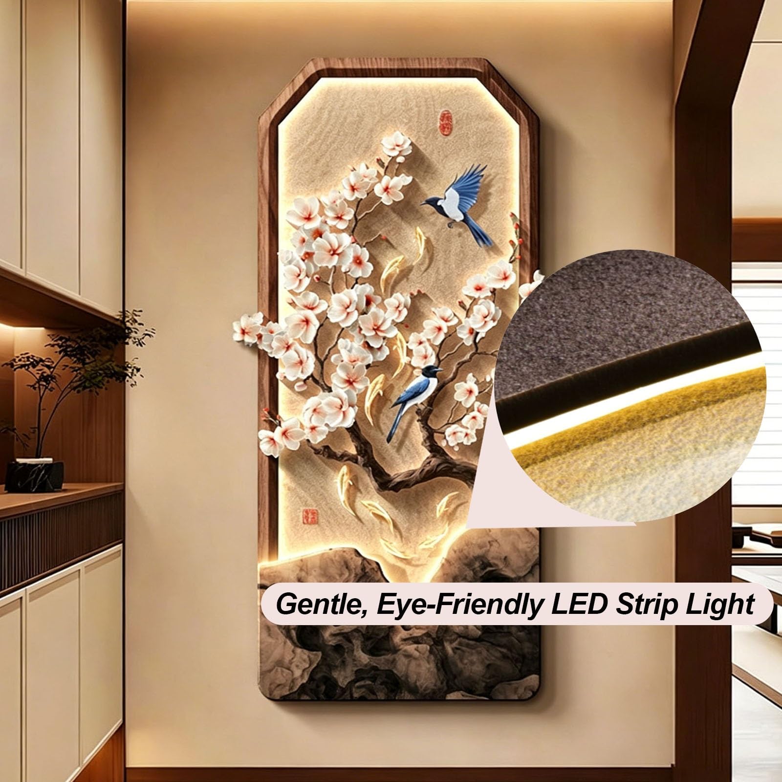 3D-Wandbild aus Sandstein mit LED-Beleuchtung, dekoratives Gemälde im chinesischen Retro-Stil für den Eingangsbereich, rahmenloses Wandbild mit Netzstecker, rahmenlose Wandgestaltung für das