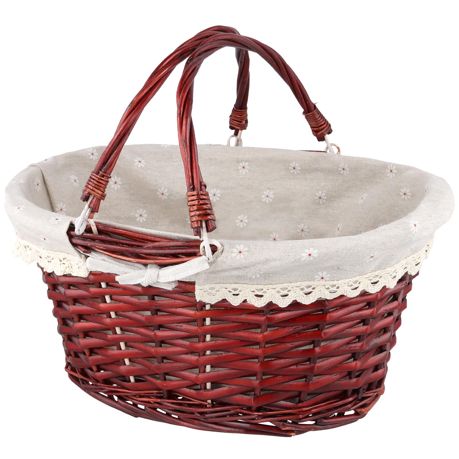 FUNSUEI Panier en Osier avec Anse et Doublure - Petit Panier Tissé Main pour Pique-Nique, Rangement, Décoration et Pâques - 36 x 28 x 17 cm
