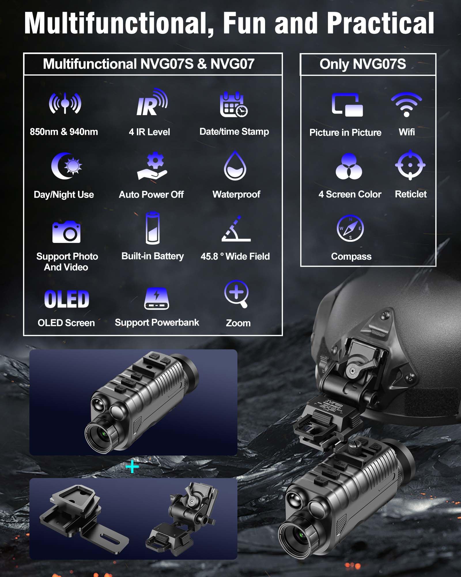 Nightiger Helmet Night Vision Goggles with HD Camera 4K or 2K Video Photo NVG Built-in Rechargeable Battery 6X or 4X Digital Zoom Dual IR 850 940nm Helmet Night Vision Monocular for Adults