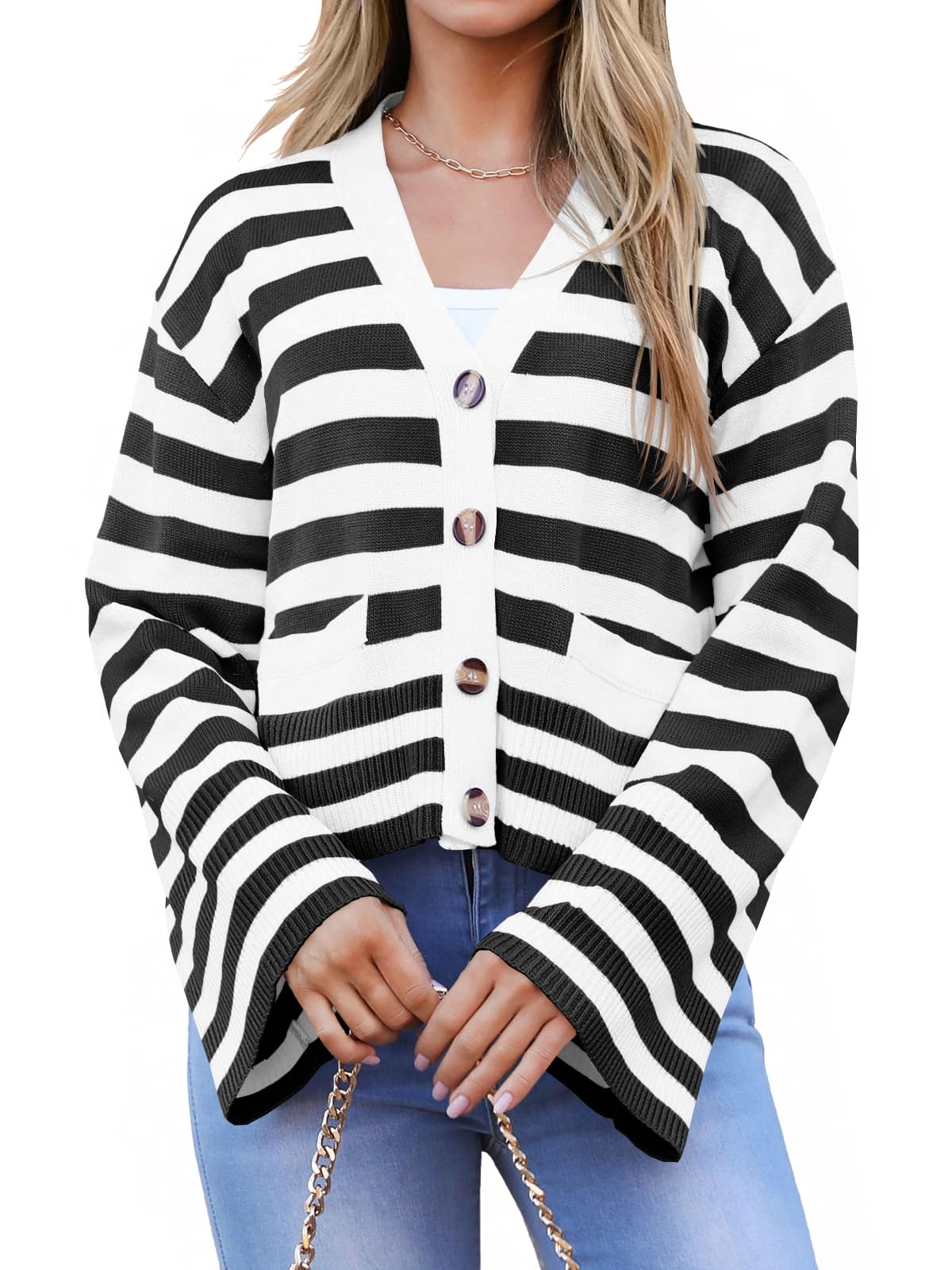 Saodimallsu Womens Striped Cardigan Sweaters Cropped Fall Button Open Front Long Sleeve Knit Sweater Coat with Pockets