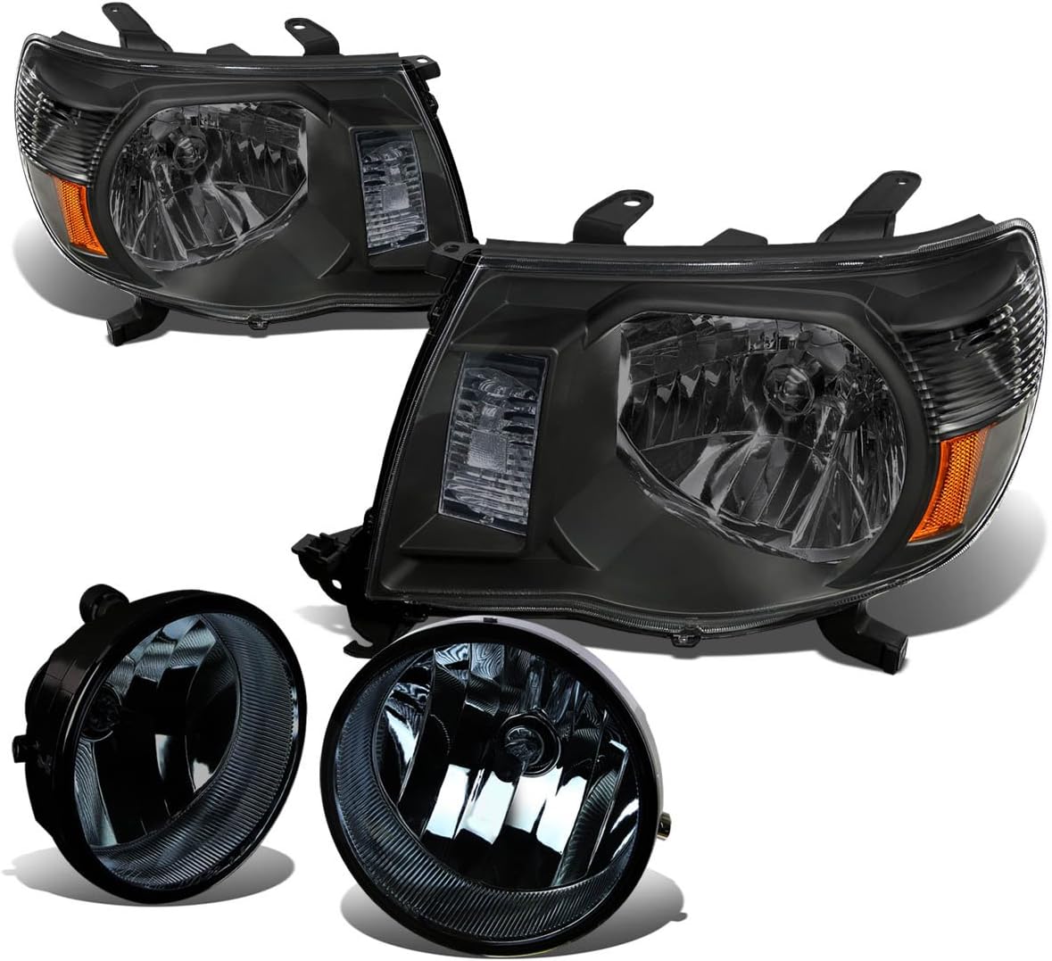 Auto Dynasty Compatible with Tacoma Pair of Black Housing Amber Signal TRD Style Headlights + Smoked Lens Fog Lights