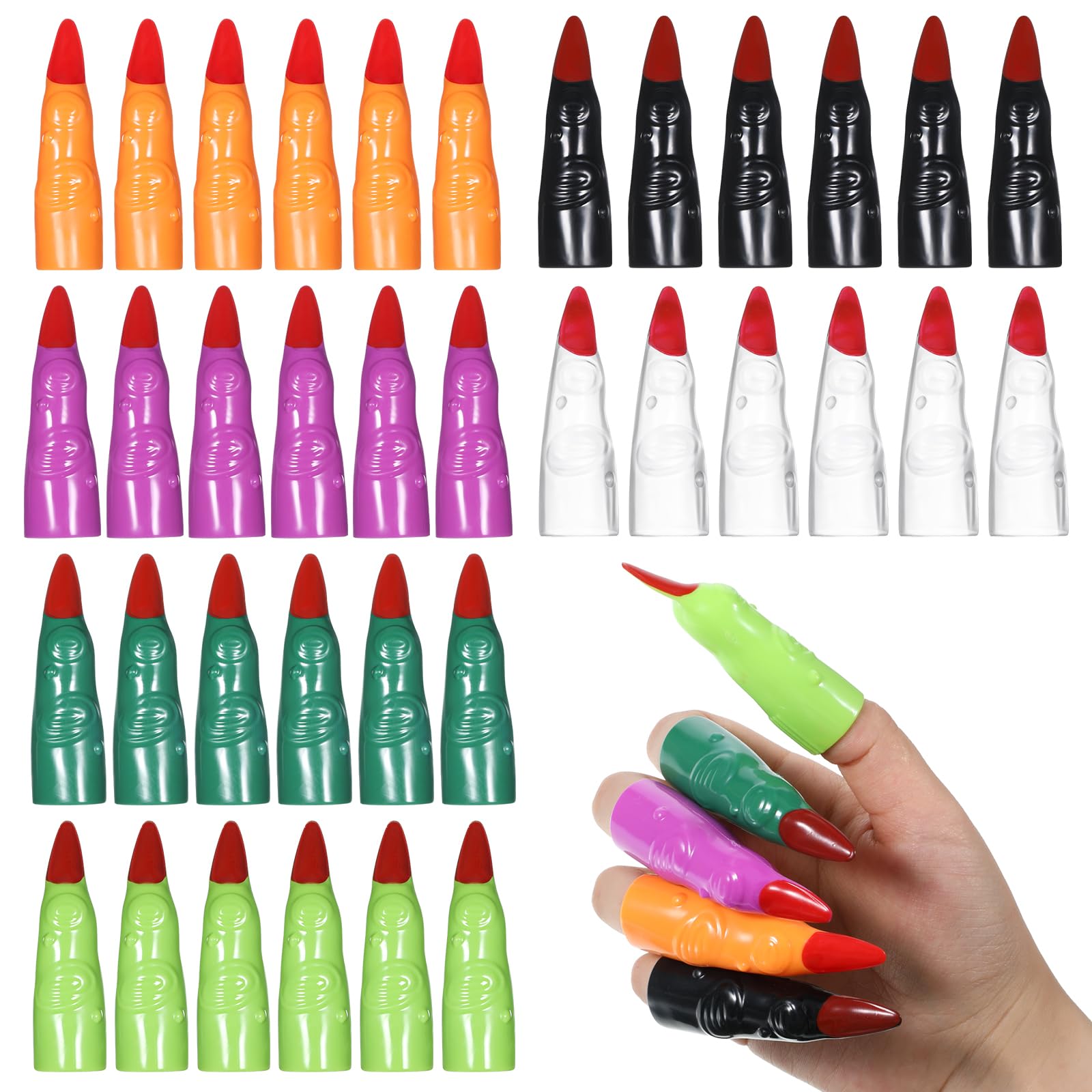 36pcs Colorful Finger Pointers for Kids, Halloween Witch Fake Finger 6 Color Witch Fingers Witch False Claws Nails Fake Zombie Cosplay for Kindergarteners Young Readers