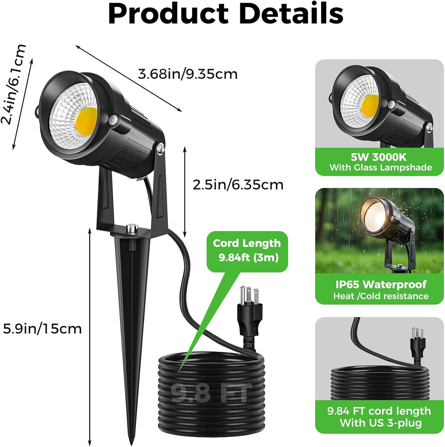 nipify 5W Outdoor Spot Lights, COB Landscape Spotlights with Spiked Stand | 2 Pack, 9.8 FT Cord, Warm White, Waterproof, Ultra Bright, Lighting for Flagpole Tree Yard Lawn Statue