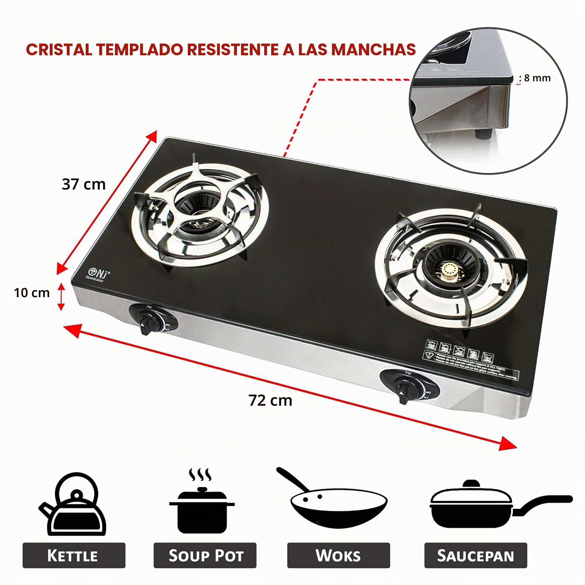 NJ NGB-S2 Cocina de Gas Portátil para Interior 2 Fuego Hornillo Camping Gas GPL Vidrio Negro